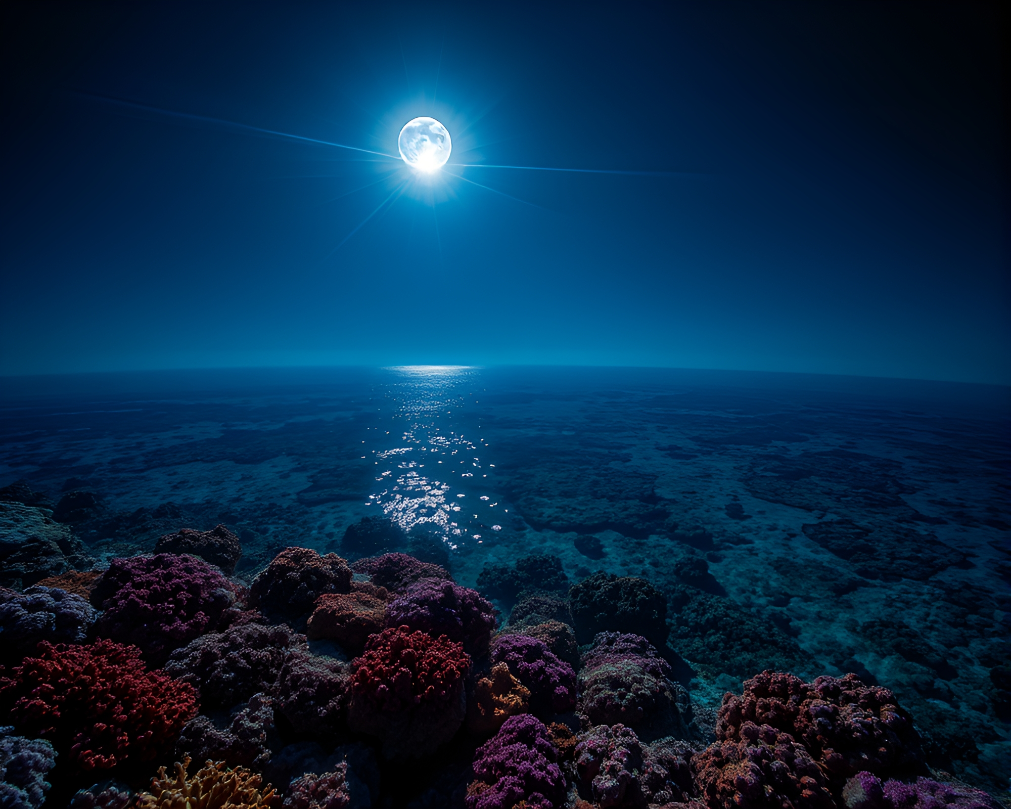 Moonlit Coral Reef Illuminated by Vibrant Laser Beams – free AI stock image