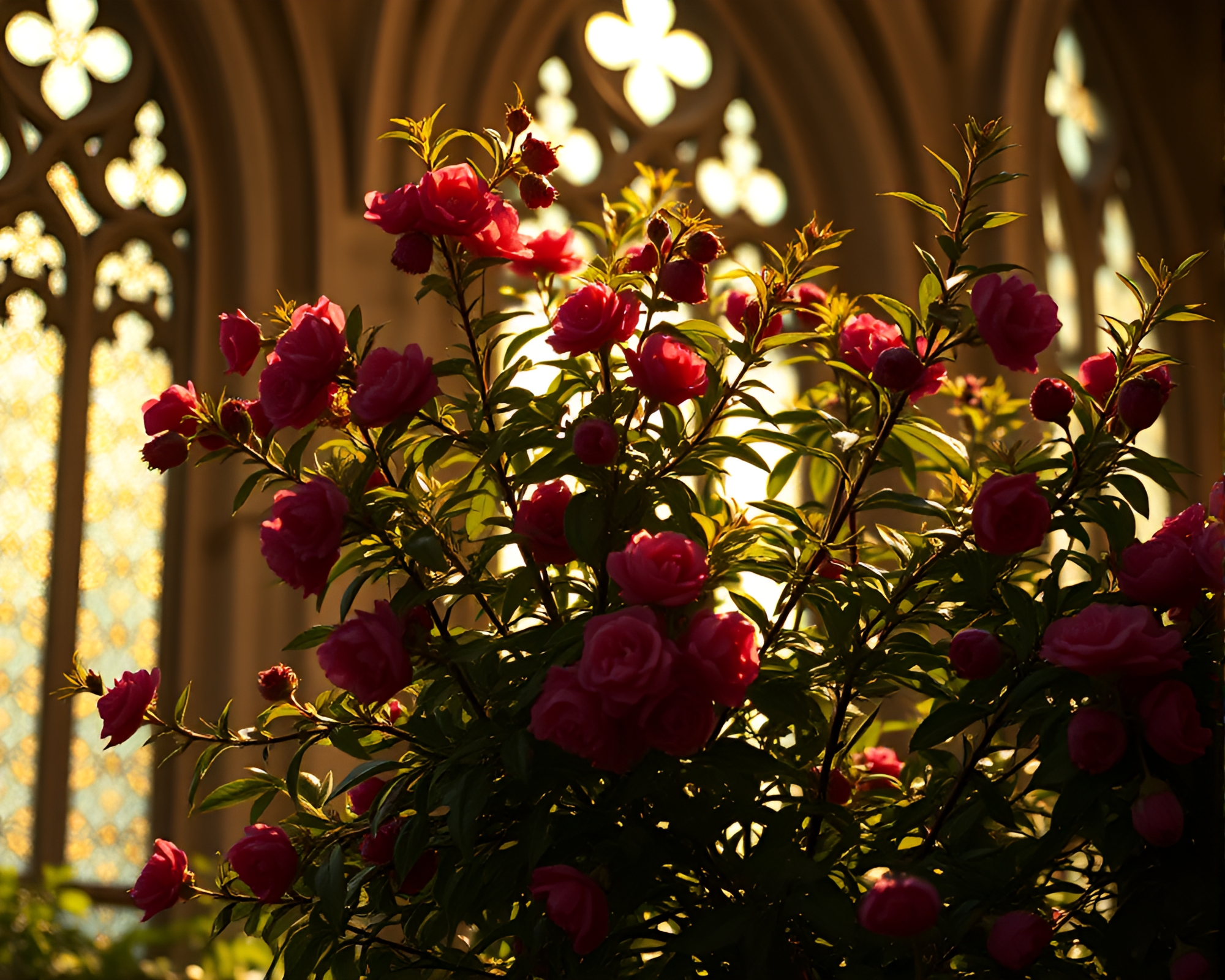 Raspberry Bush Blooms in Enchanting Cathedral Light – free AI stock image