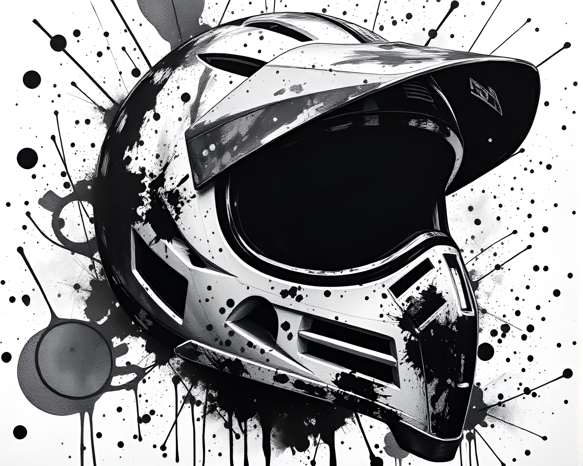 Ink Splattered Helmet Artwork in Monochrome – free AI stock image