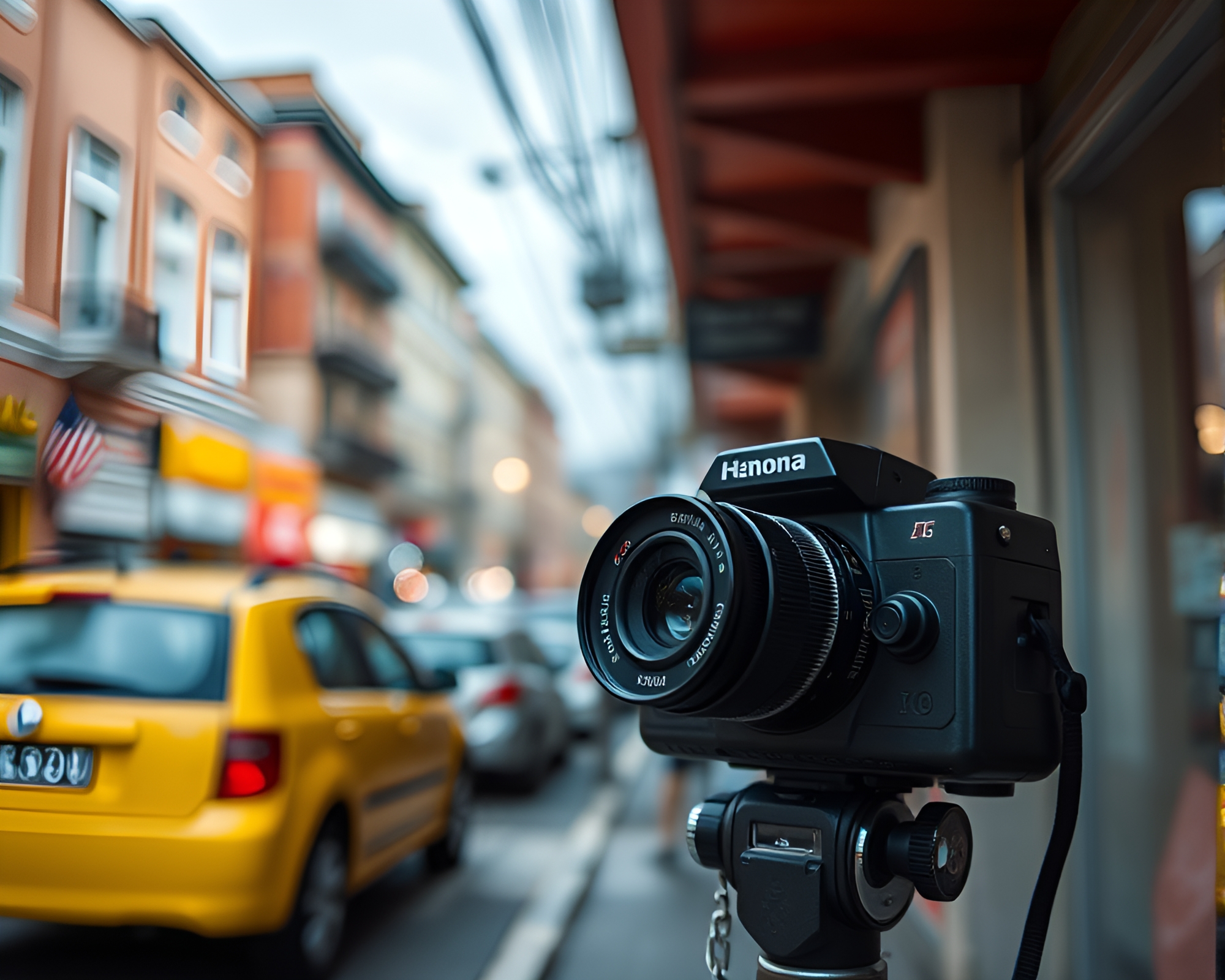Mustard Yellow Pop: Camera Street Art Tags – free AI stock image