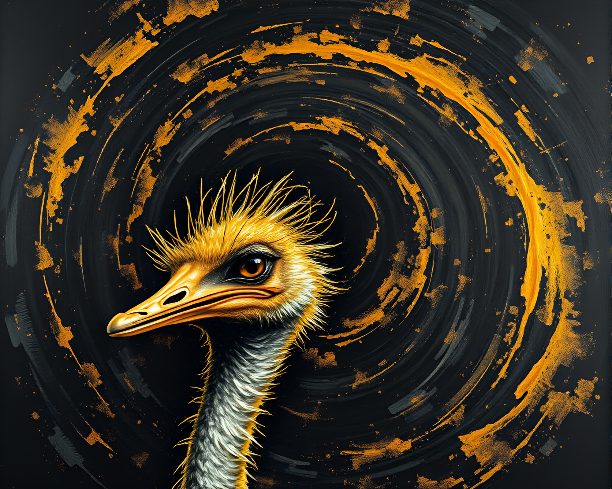 Majestic Ostrich in Golden Spiral Impressionist Painting – free AI stock image