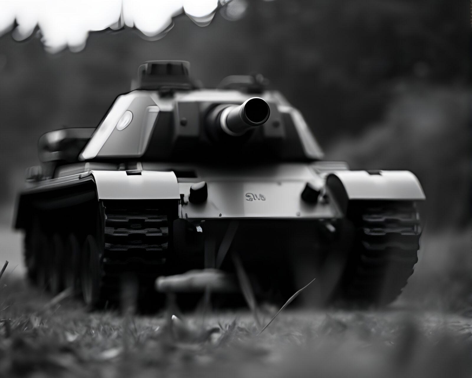 Black and white image of armored tank with shallow focus