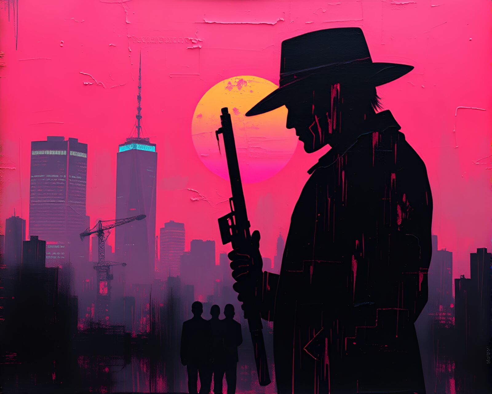 Encaustic cyberpunk silhouette reflecting pink sunrise glow