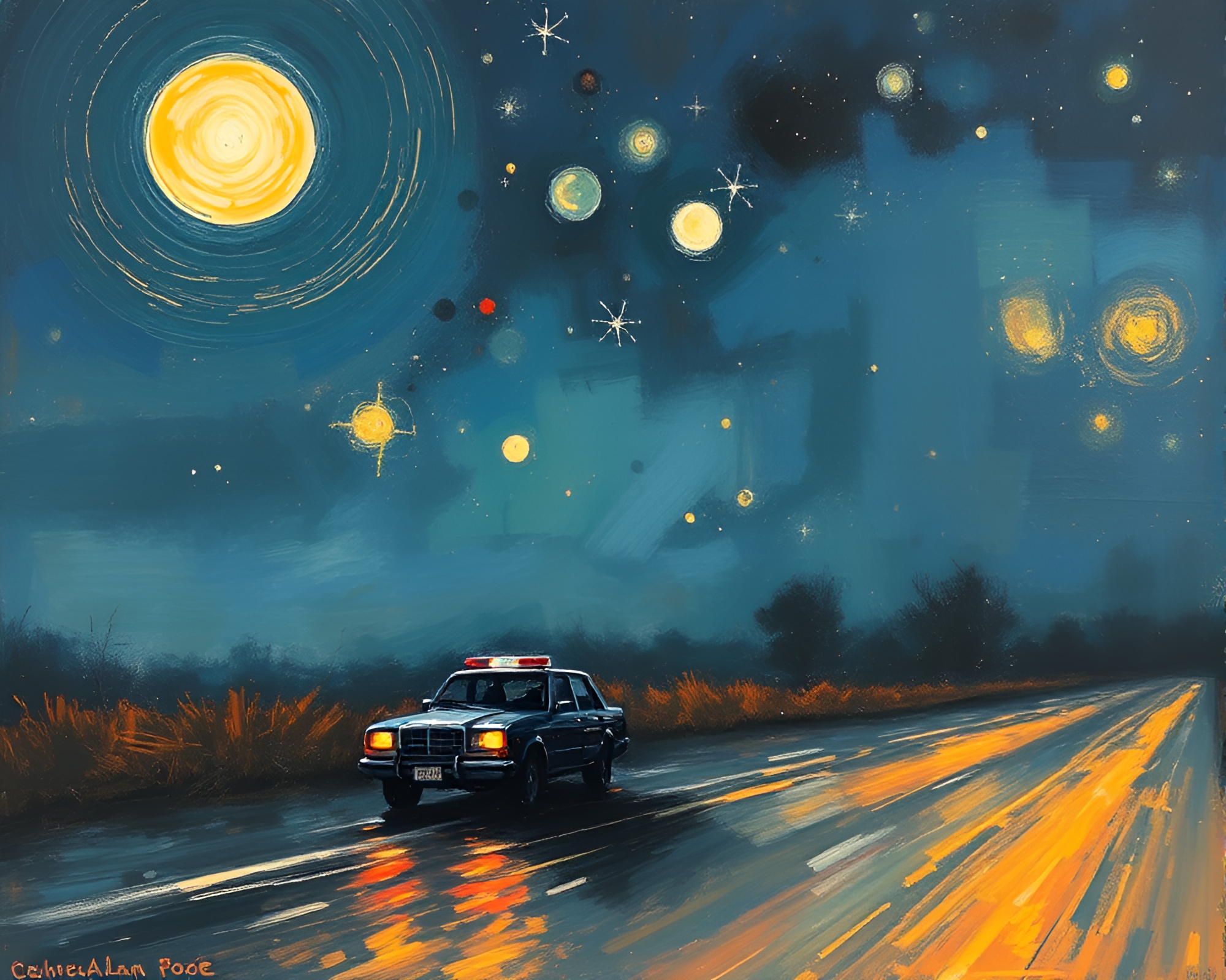 Astral Car Light Trails Through Poe’s Nightmares – free AI stock image