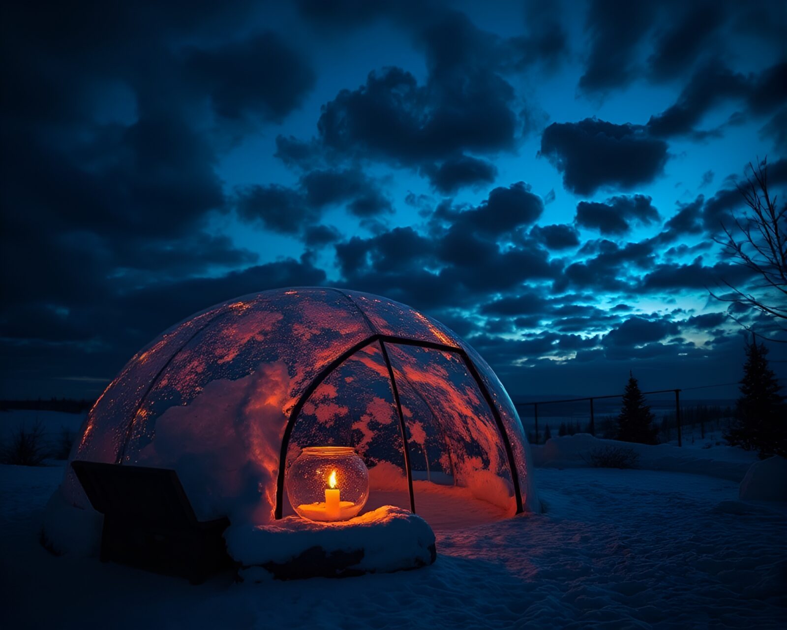 HDR contrast candlelit scene illuminating glass igloo under dramatic clouds