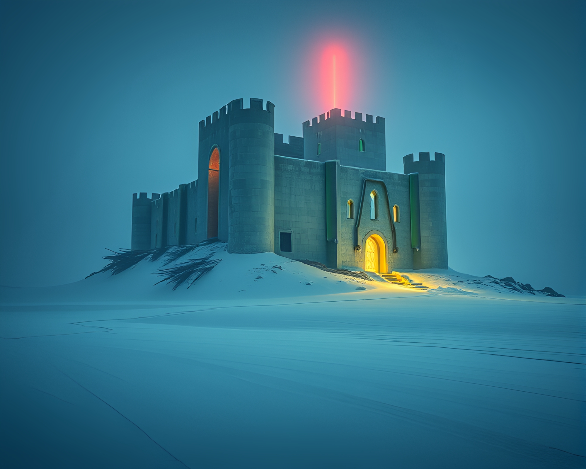Neon-lit Antarctic Castle in Whiteout – free AI stock image