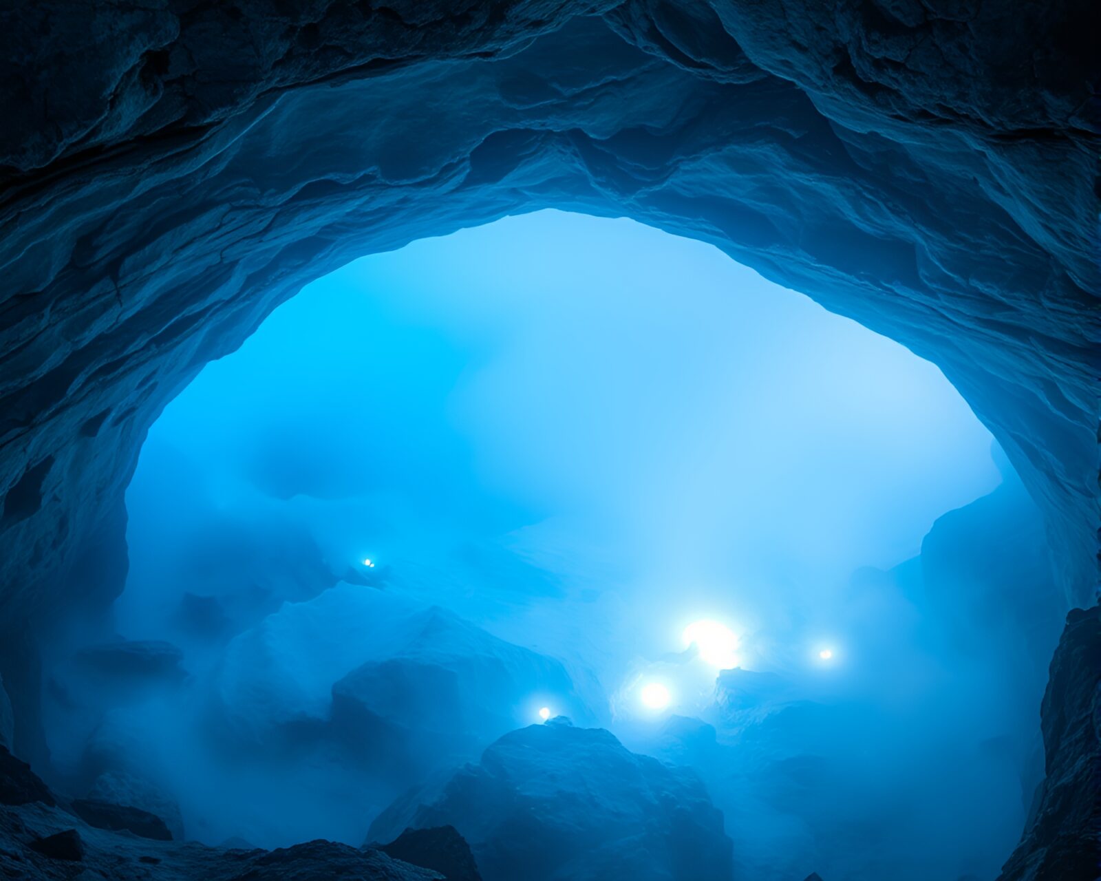 Panoramic view of a smoky haze-filled glacial cave at dusk