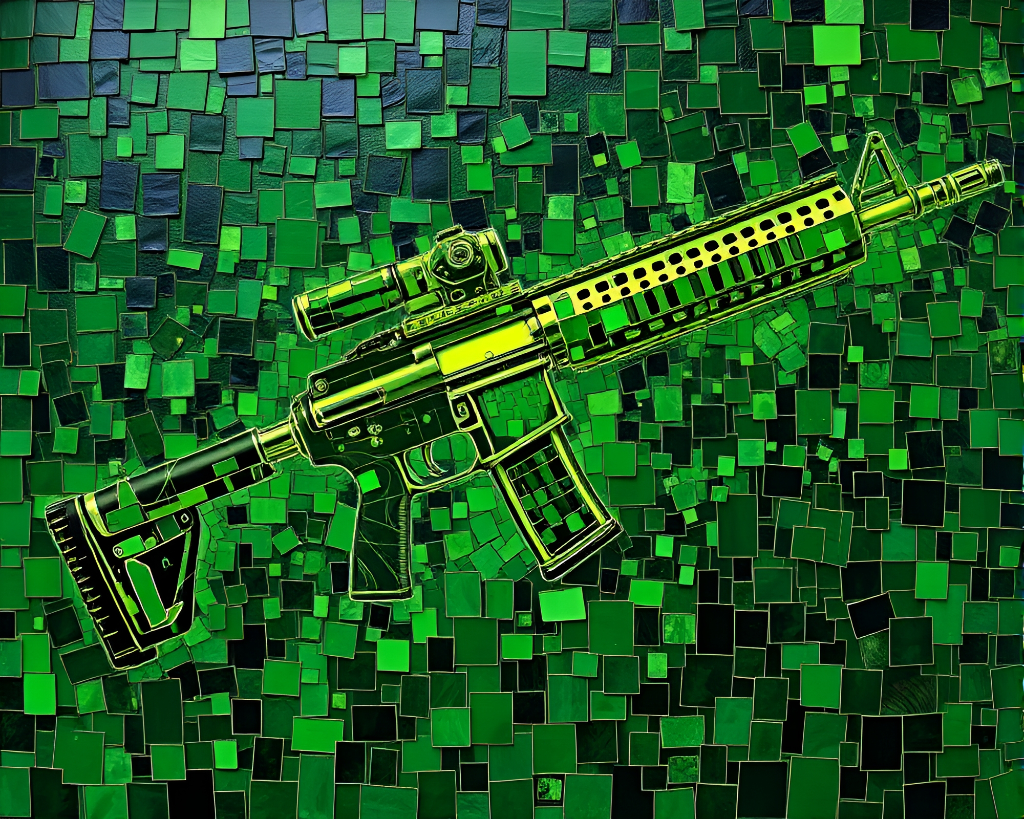 Plasma Rifle Fragmented Mosaic in Monochrome Green Tempering – free AI stock image