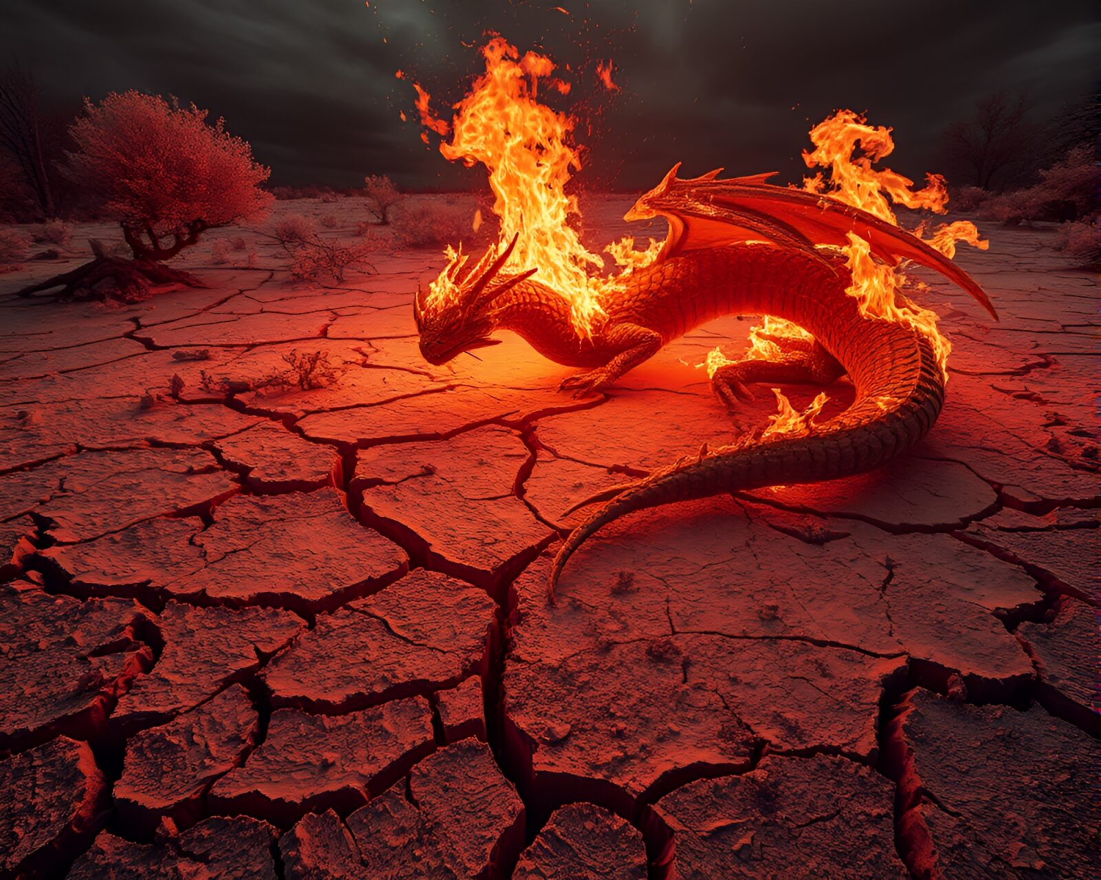 Infrared photo of fierce dragon on parched ground