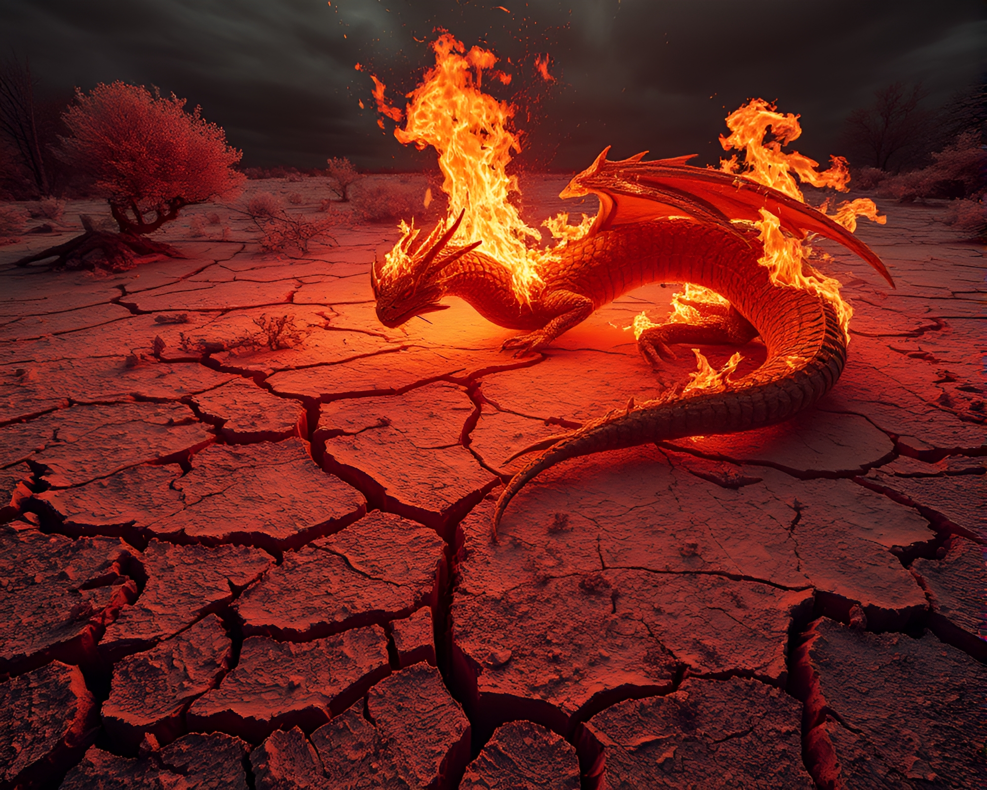 Fiery Dragon Over Cracked Earth – free AI stock image