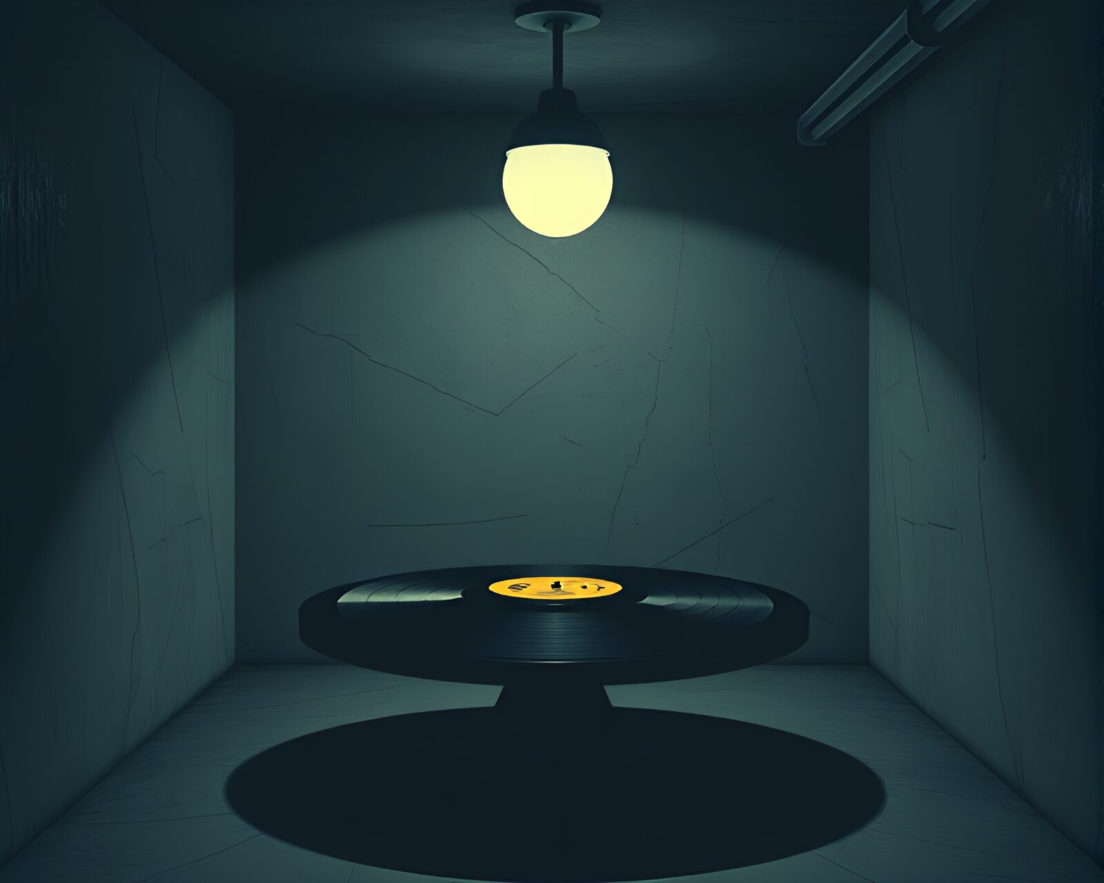 Asymmetrical balanced composition of vinyl record in dim basement