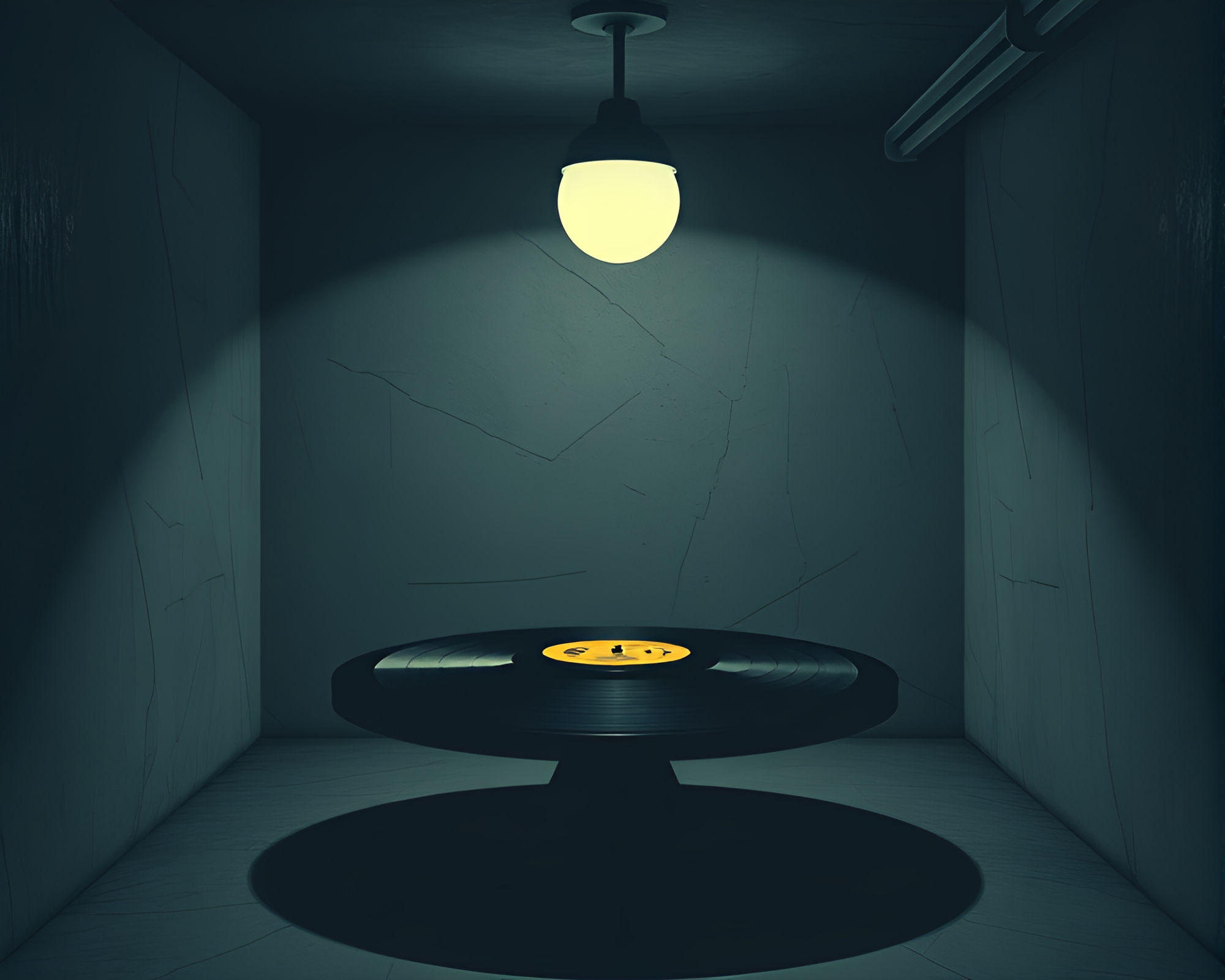 Cel-shaded vinyl record in gloomy basement ambiance – free AI stock image