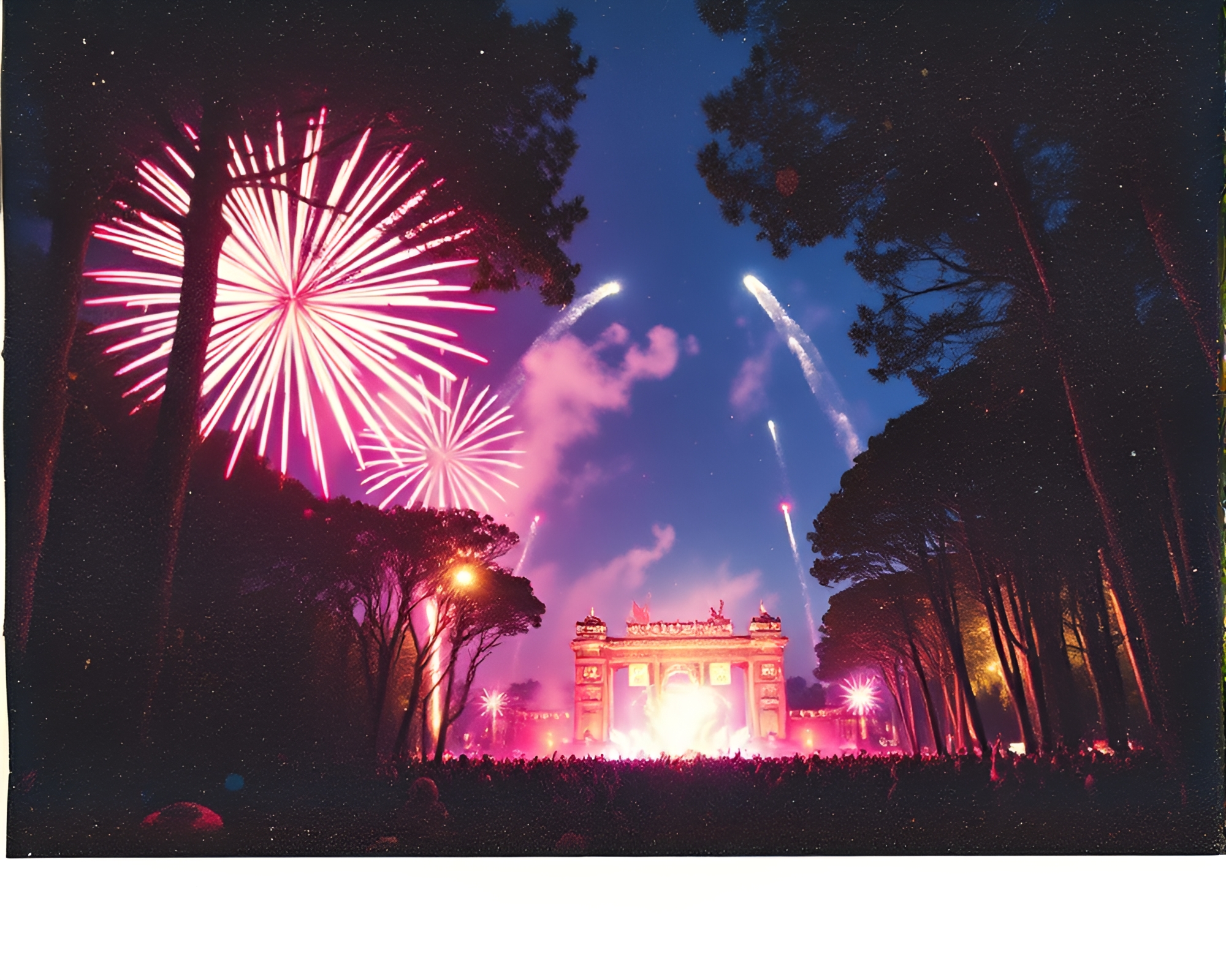 Enchanted Ancient Grove Celebration with Acrylic Fireworks – free AI stock image