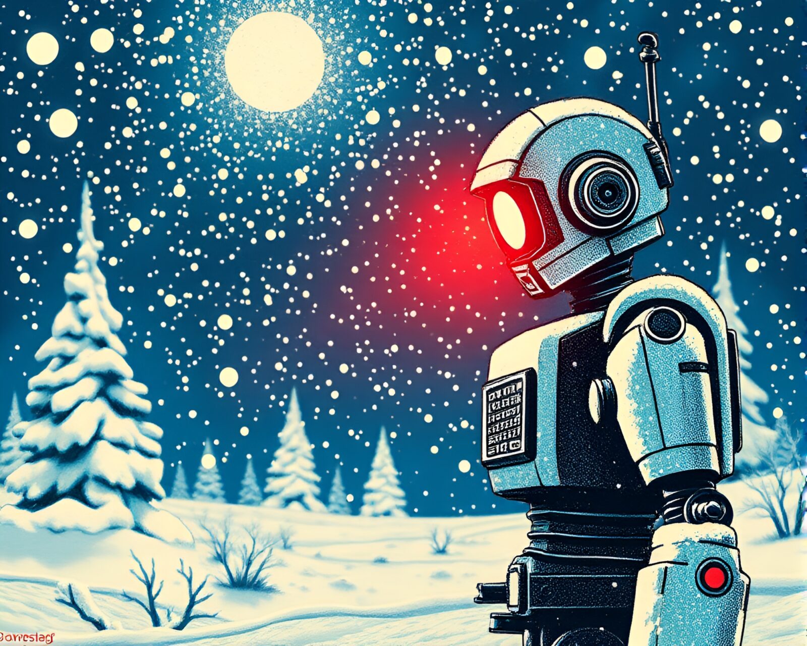 A robot with intricate linocut details in snowy light