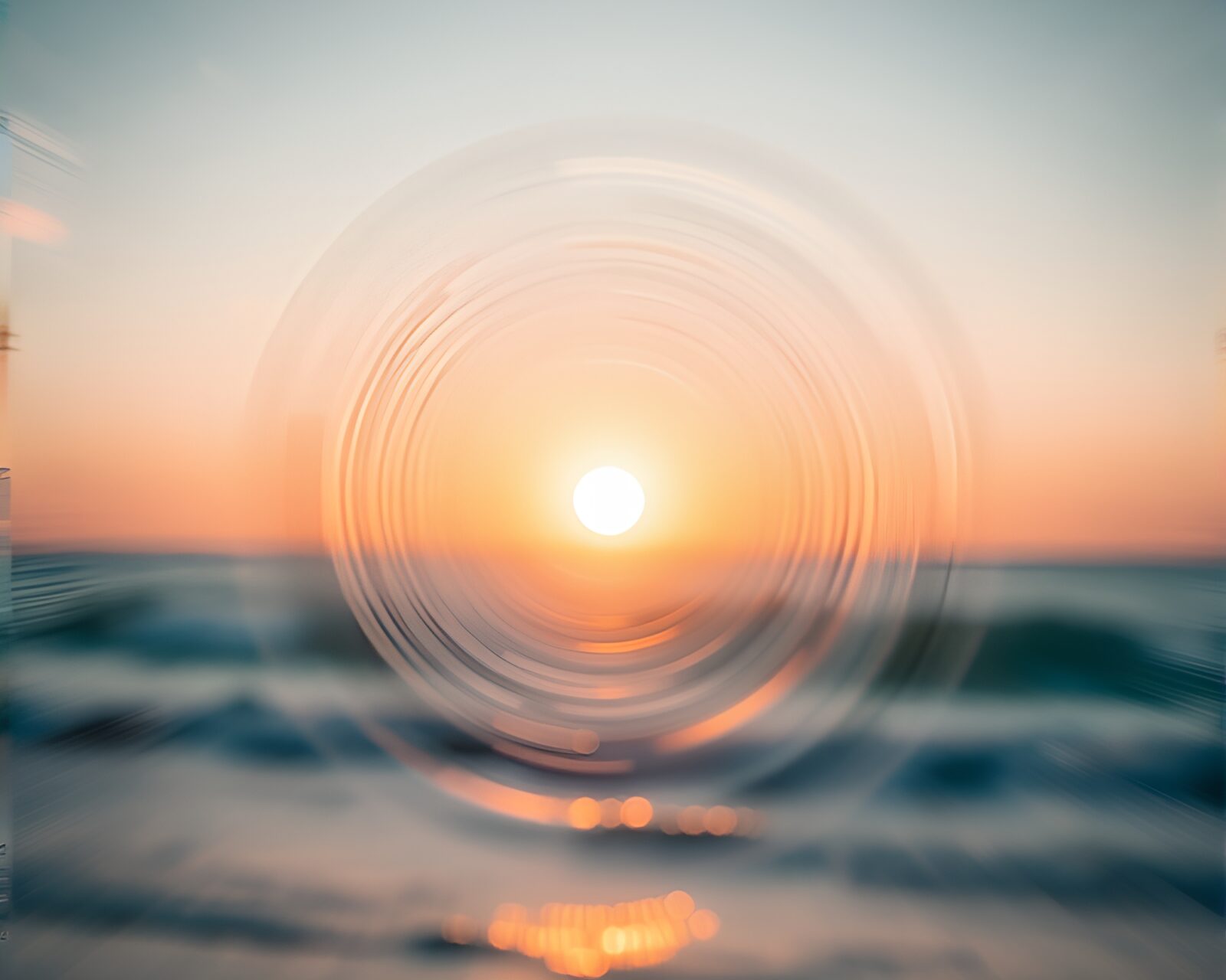 Beach scene with lens distortion swirls and light leaks