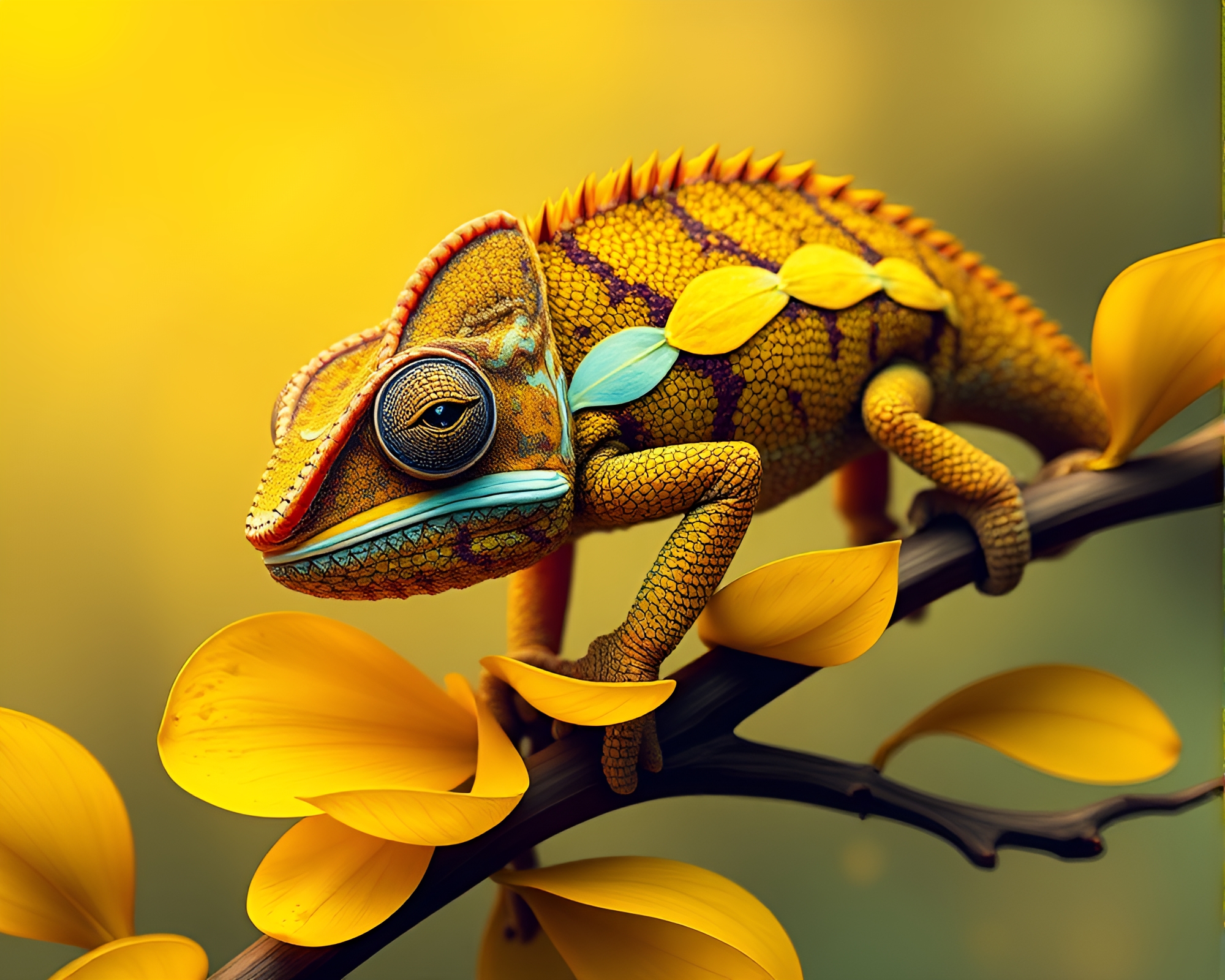 Chameleon Among Mustard Yellow Flower Petals – free AI stock image