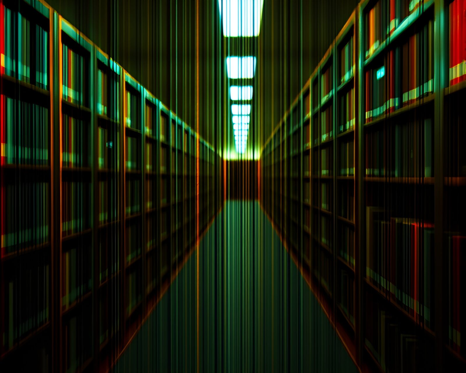 A mesmerizing stereograph image with a barcode stripe and library lamp glow