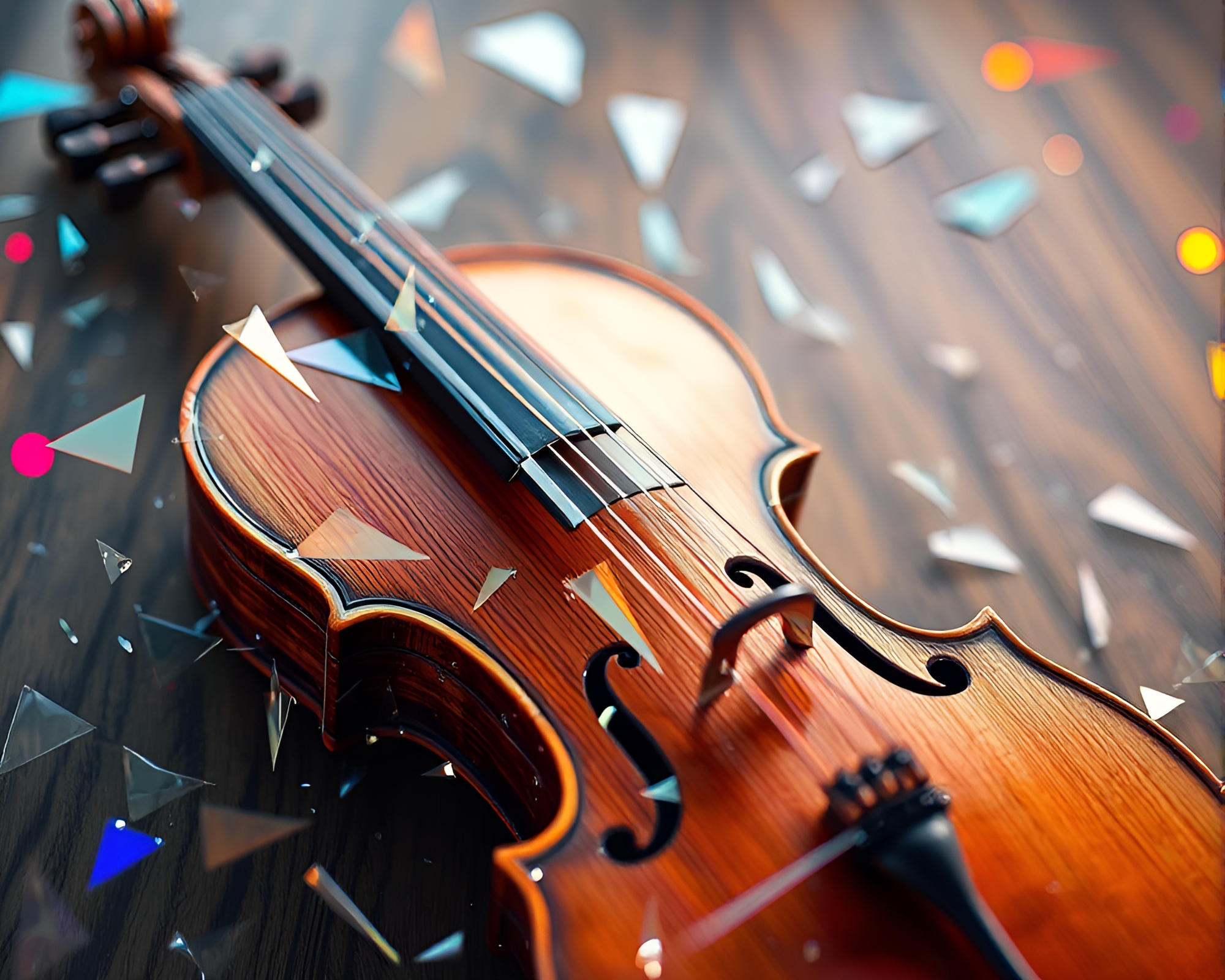 Glitchy Violin Composition with Glass Shards – free AI stock image