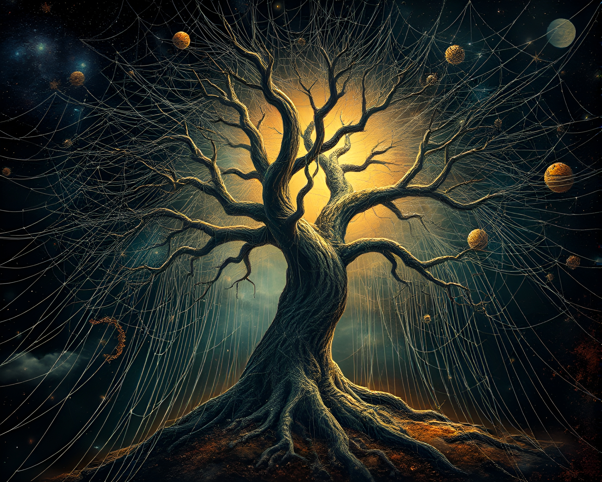 Enigmatic Ancient Tree in Cosmic Cobweb – free AI stock image