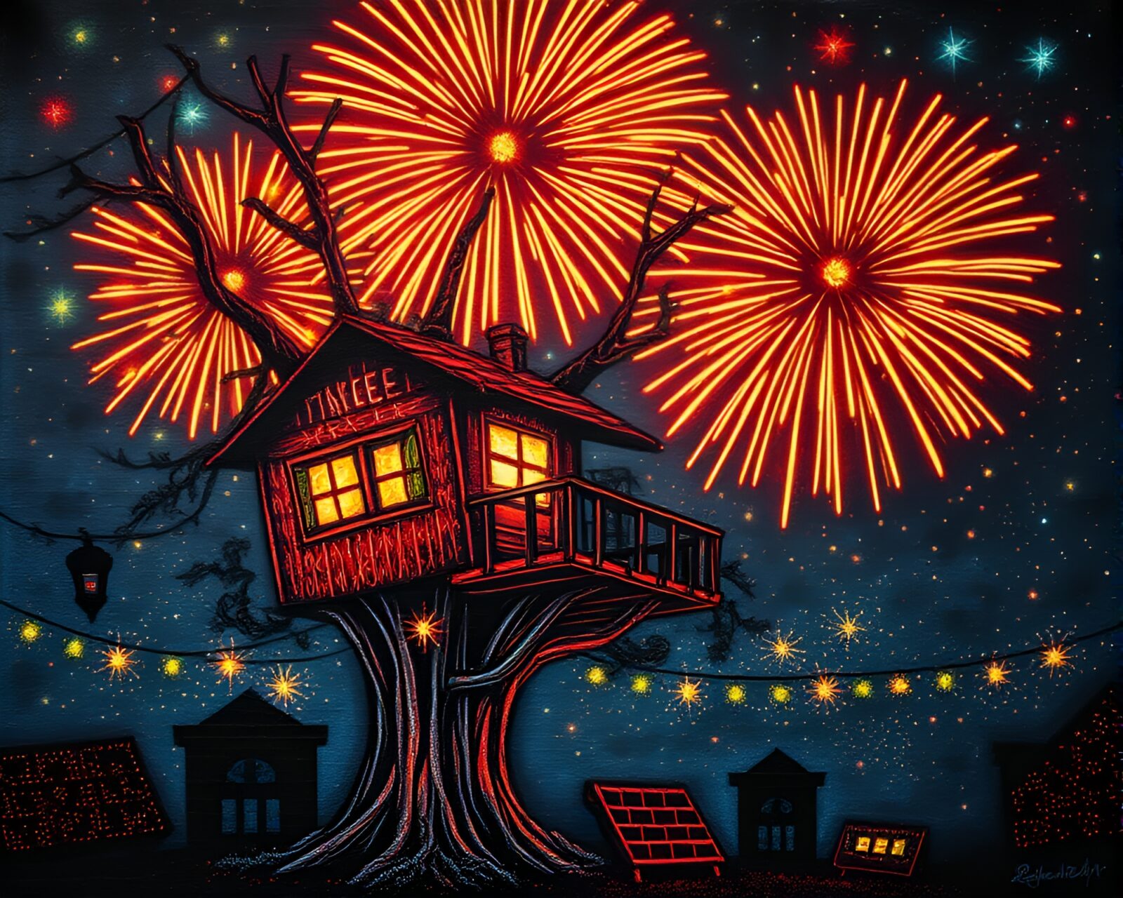 Vibrant stipple shading street art showing illuminated treehouse at festival