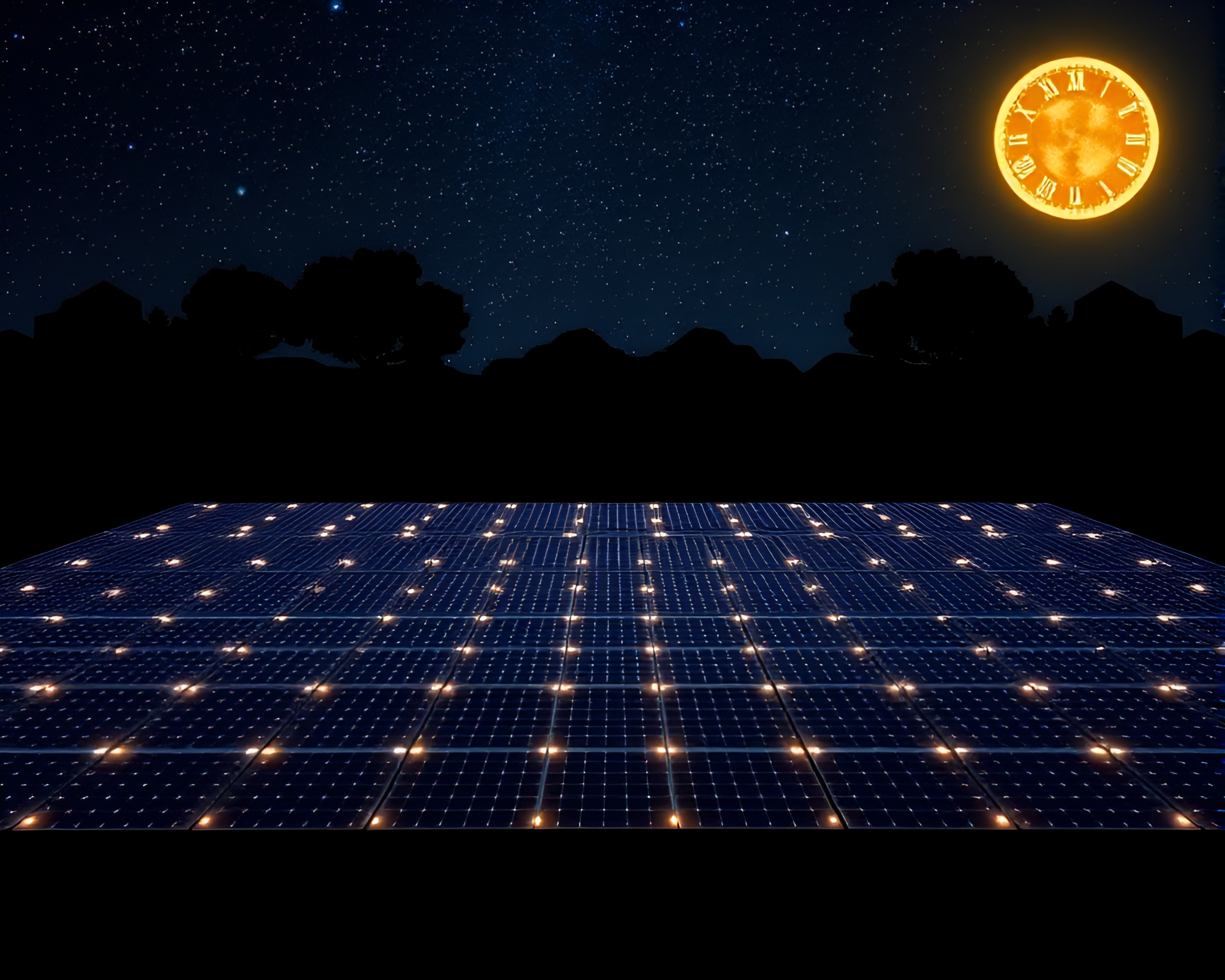 Radiant Pointillism Solar Array Illuminated in Dark – free AI stock image