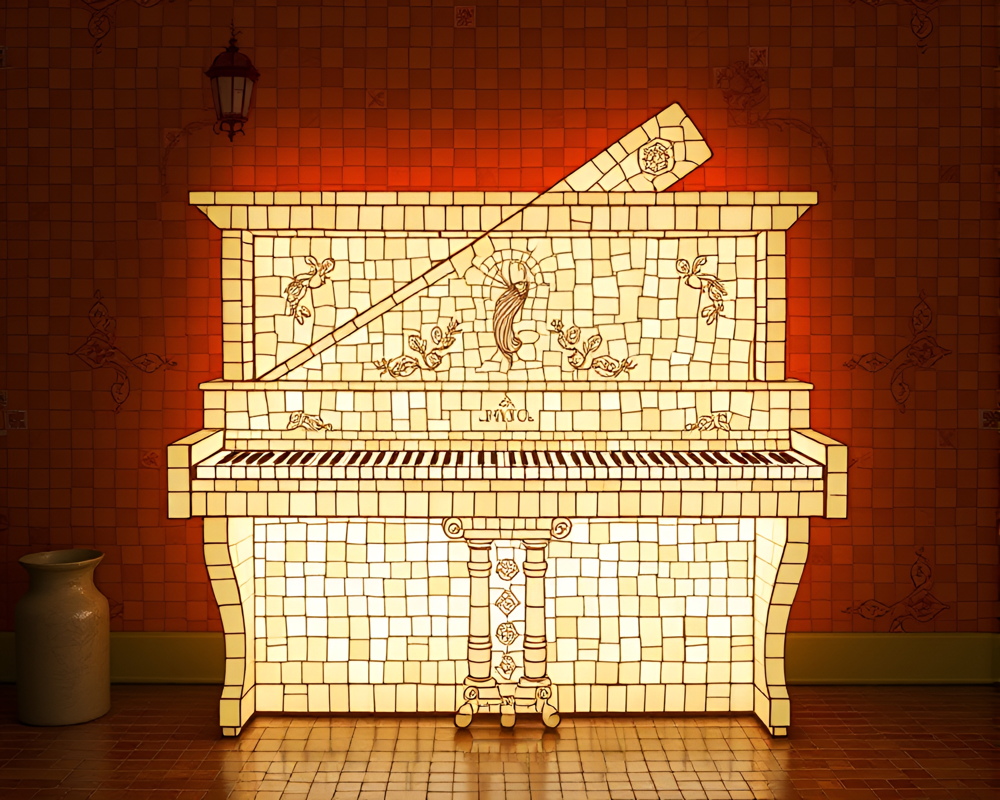 Engraved Piano Tiles with Peachy Glow Mosaic Design – free AI stock image