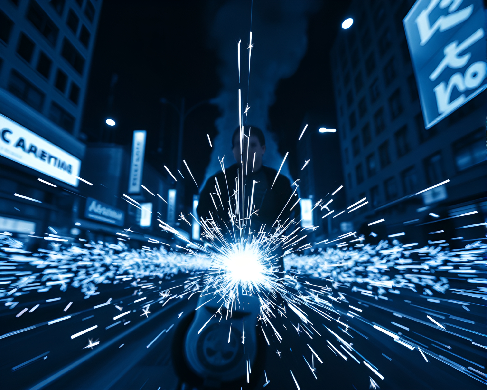 Cyberpunk Vigilante Illuminated by Monochrome Sparkler Trails – free AI stock image