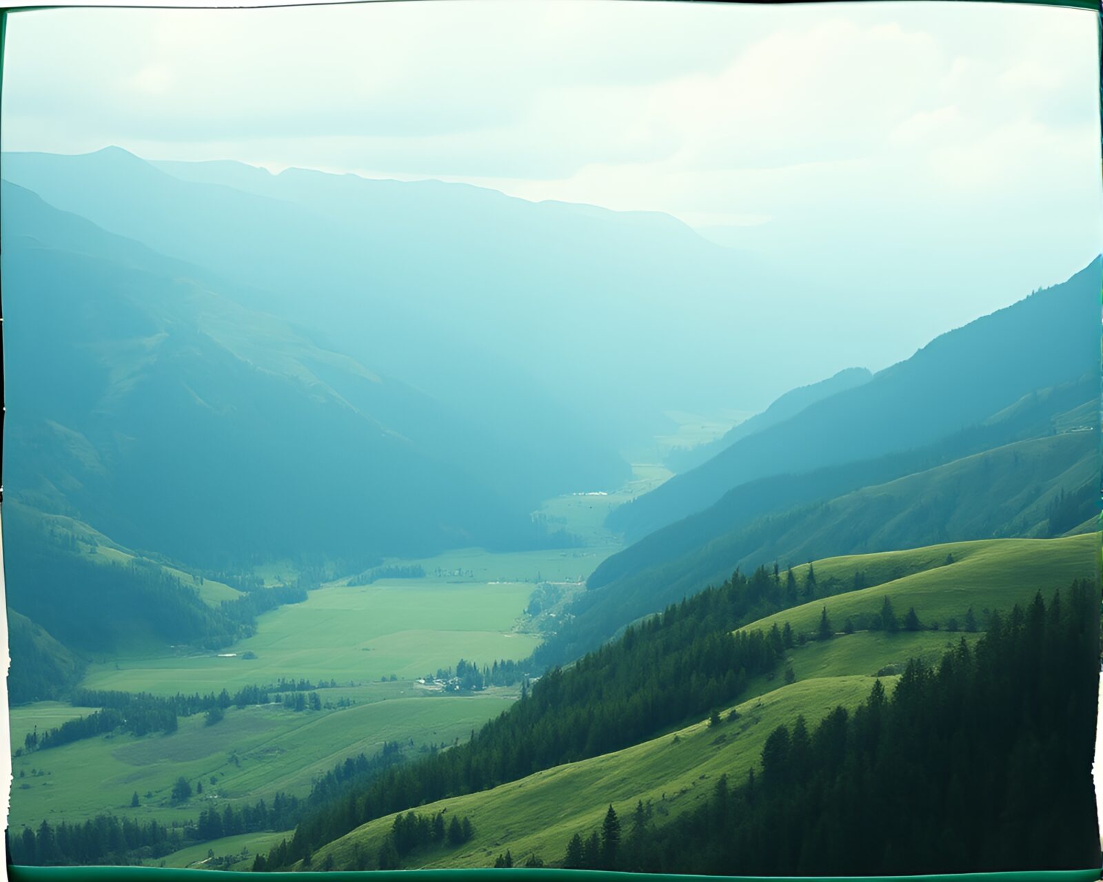 Serenity-filled Valley landscape with torn edges and cross-processing style