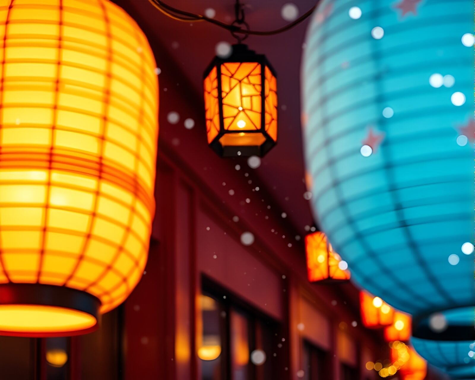 Vibrant neon paper lantern in a snowy tear-filled scenery