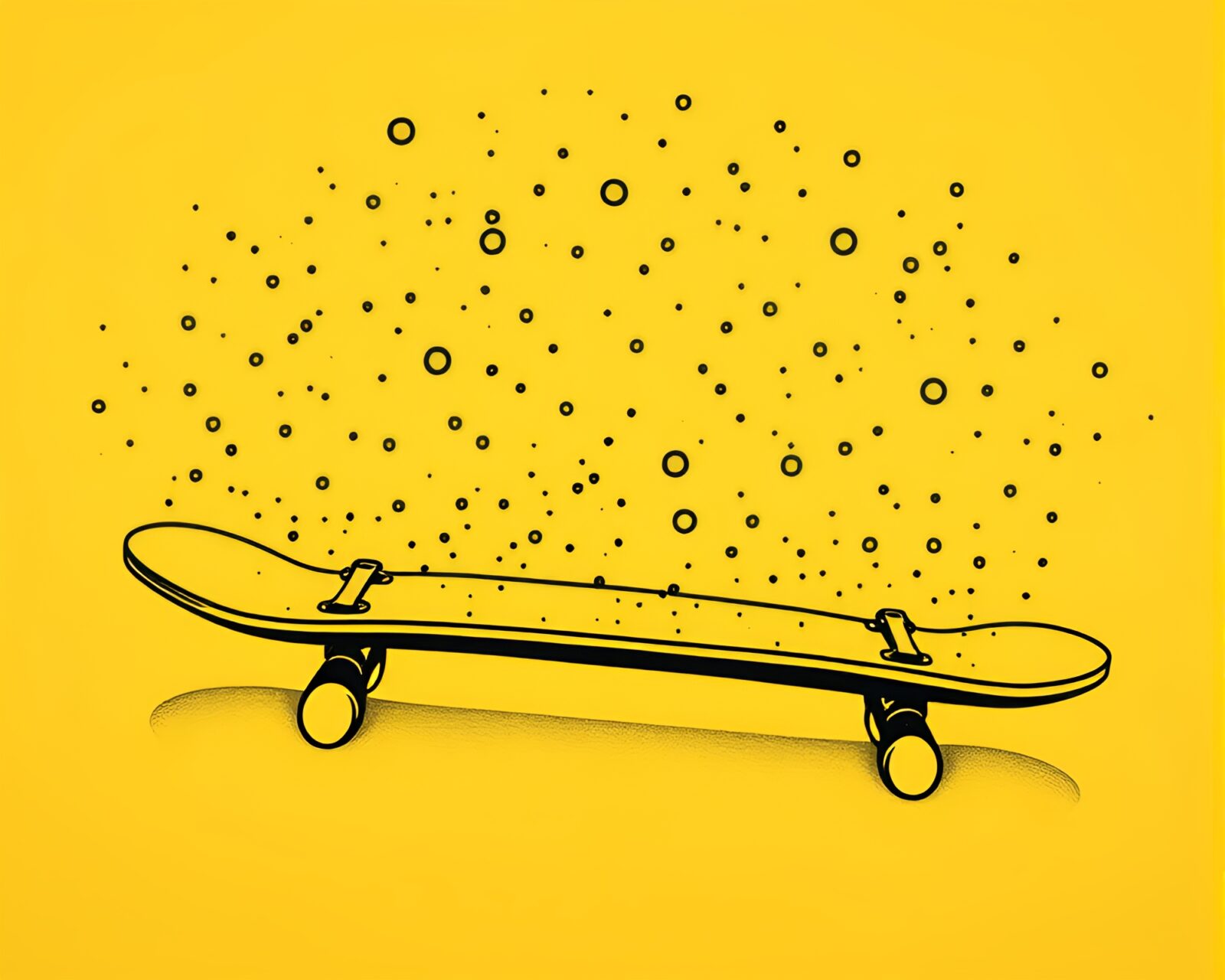 Linocut print of skateboarder in yellow particle-filled atmosphere