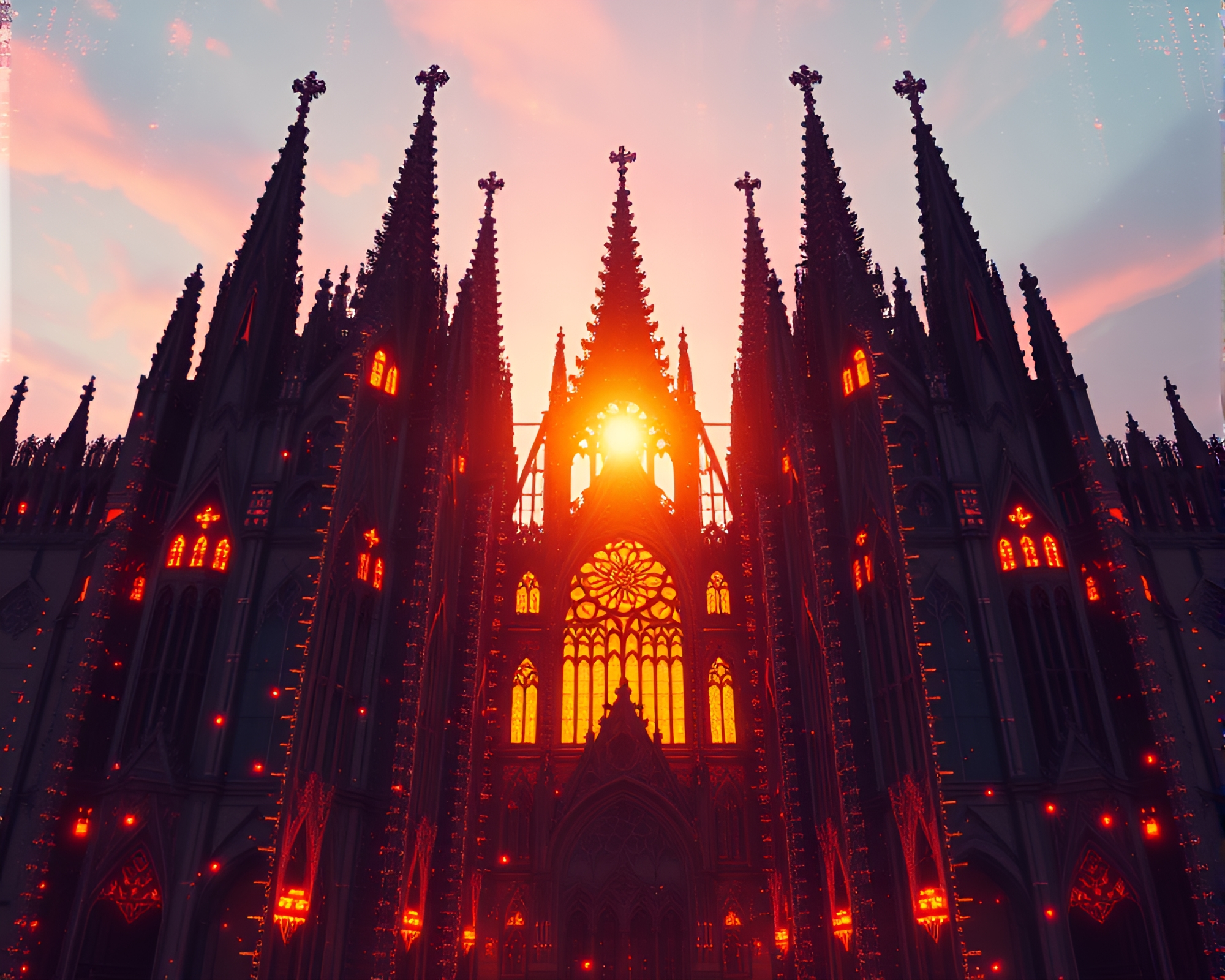Gothic Cathedral Illuminated by LED Pixel Grid – free AI stock image