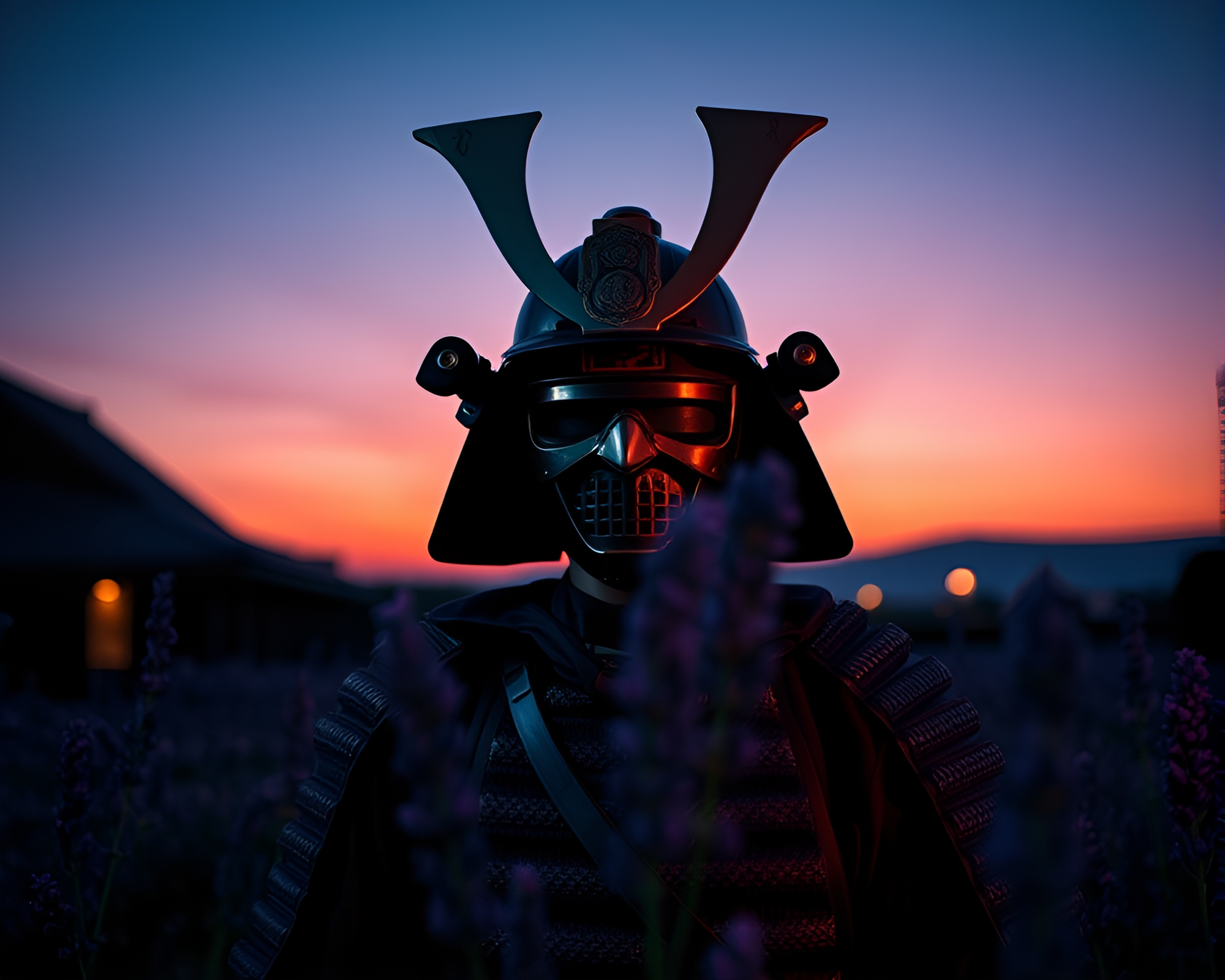 Samurai Helmet in Lavender Twilight Long Exposure Photography – free AI stock image