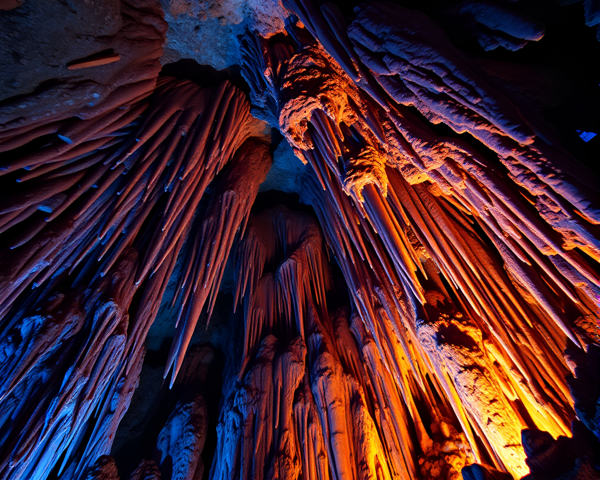 Neon Cave Stalactites in Kaleidoscope Light – free AI stock image