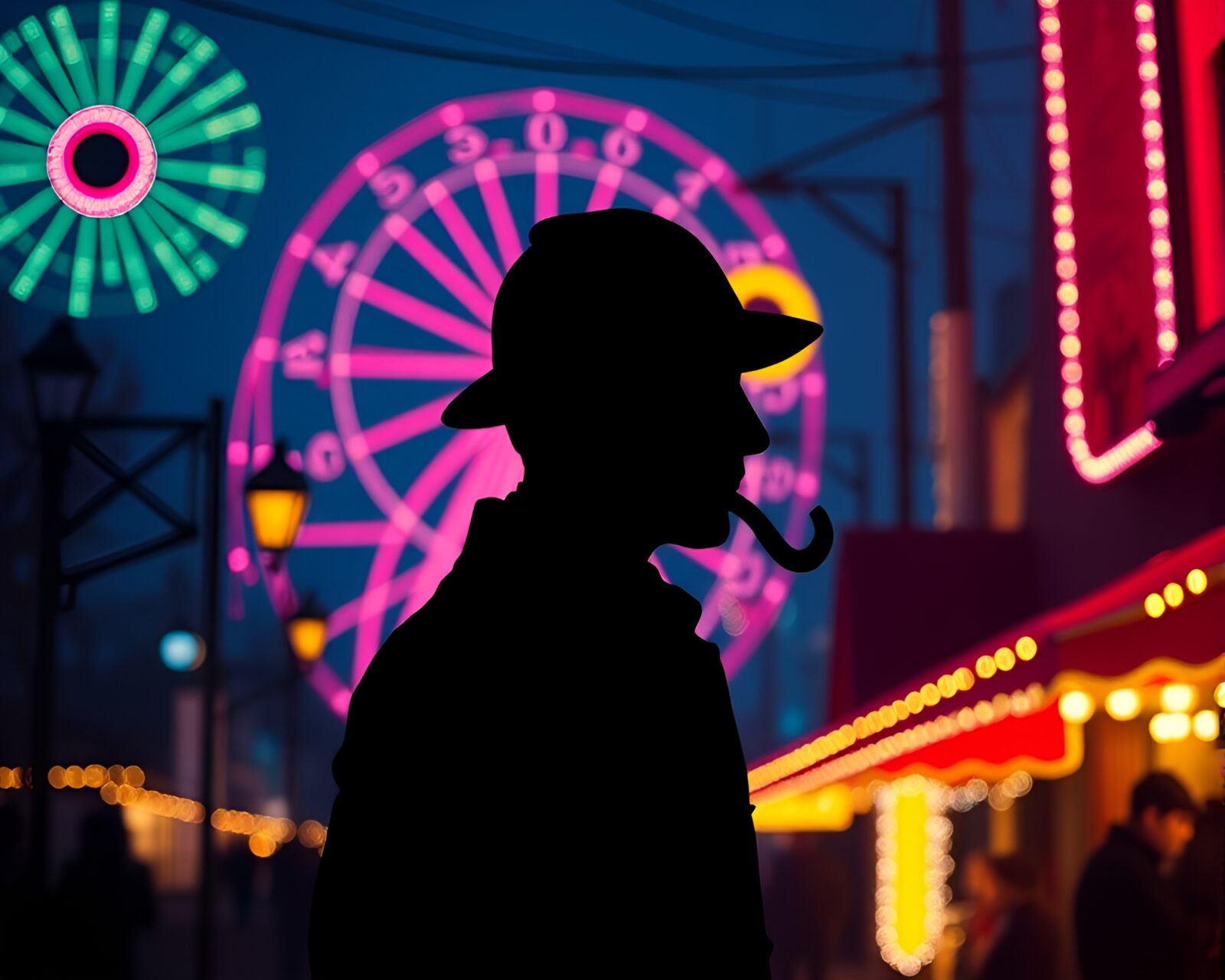 Silhouette of Sherlock Holmes under vibrant carnival lights