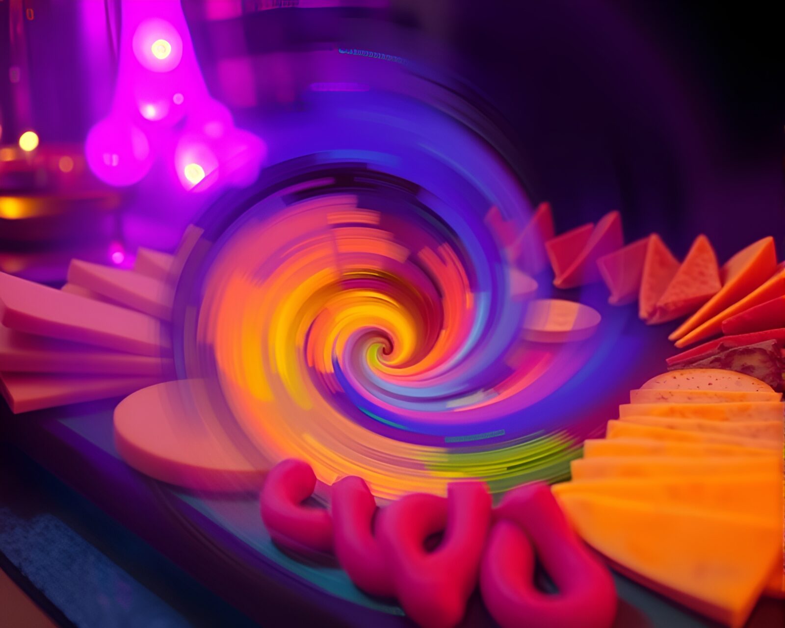 Swirling vortex of charcuterie board in thermal imaging colors
