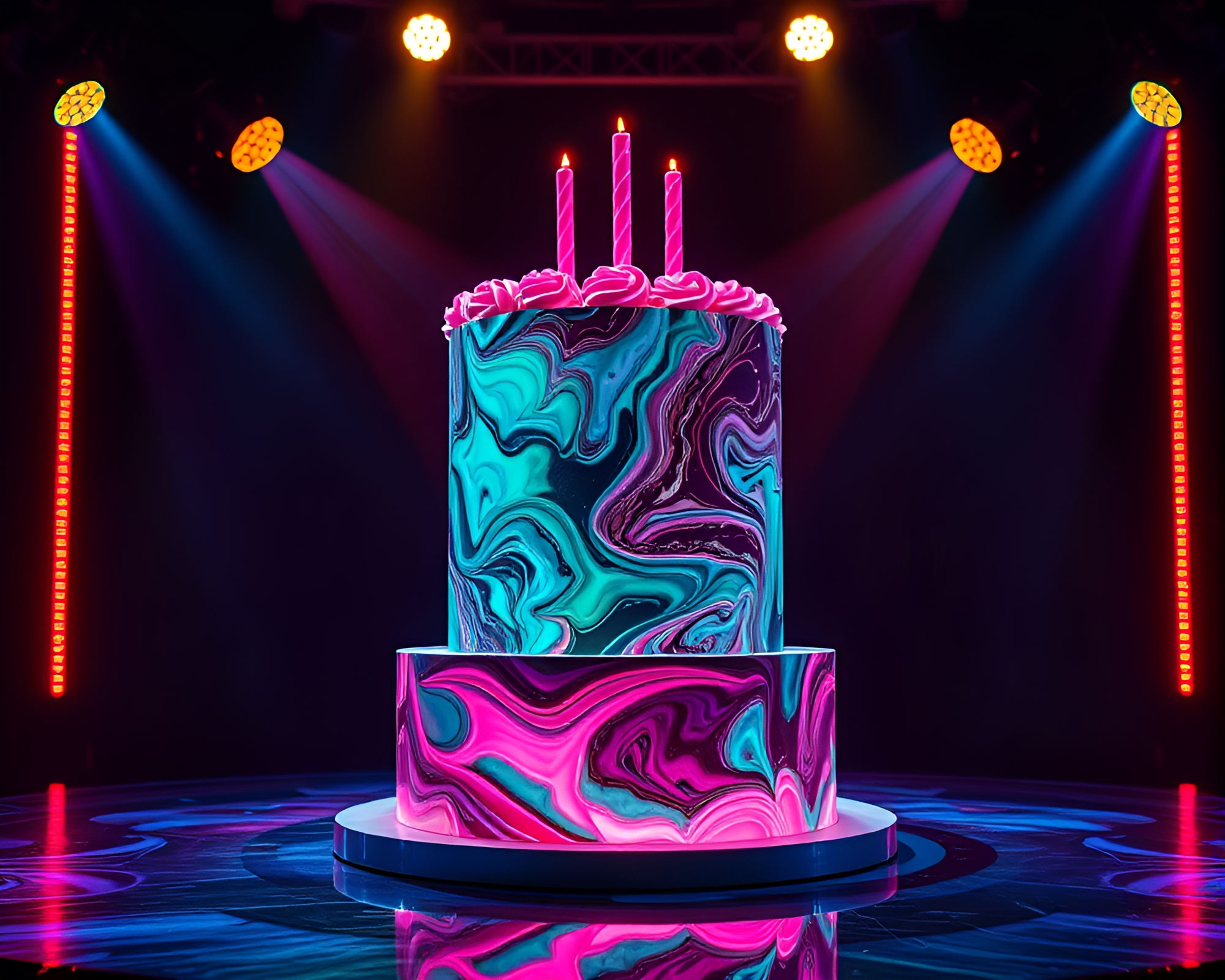Neon-Marbled Cake on Bio-Organic Concert Stage – free AI stock image