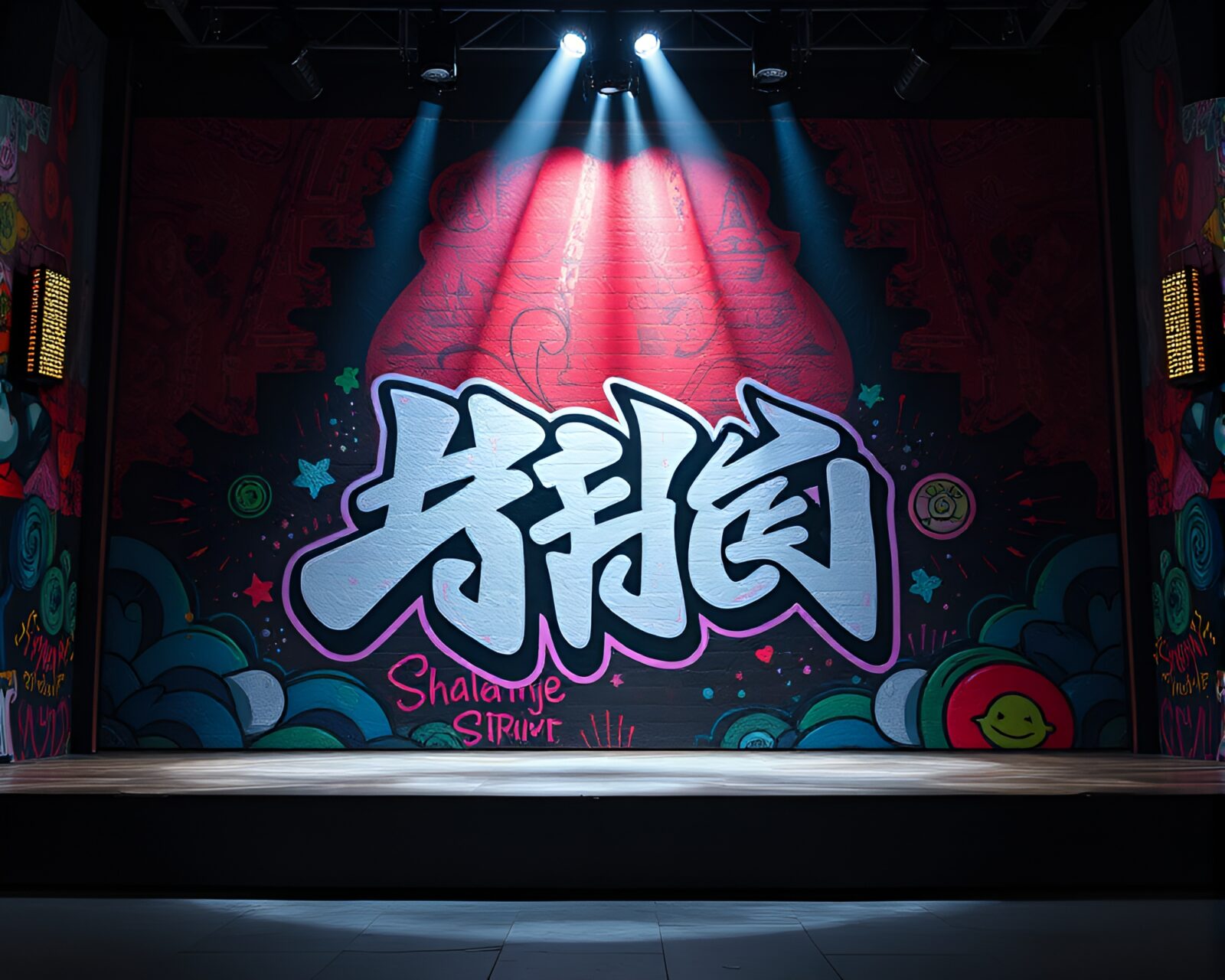 Vibrant graffiti artwork of an android in glowing spotlight