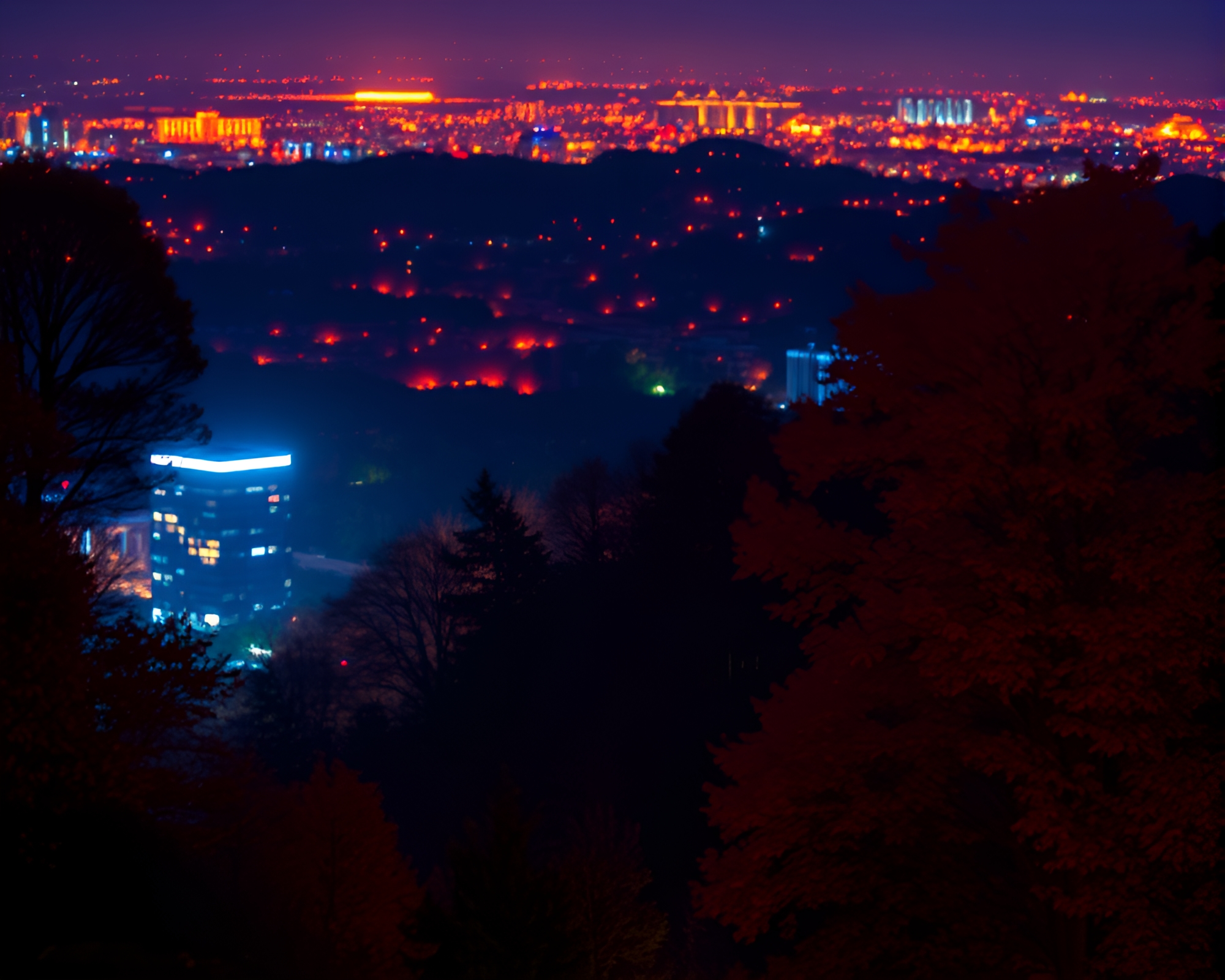 LED Pixel Autumn Forest City Lights Abstraction – free AI stock image