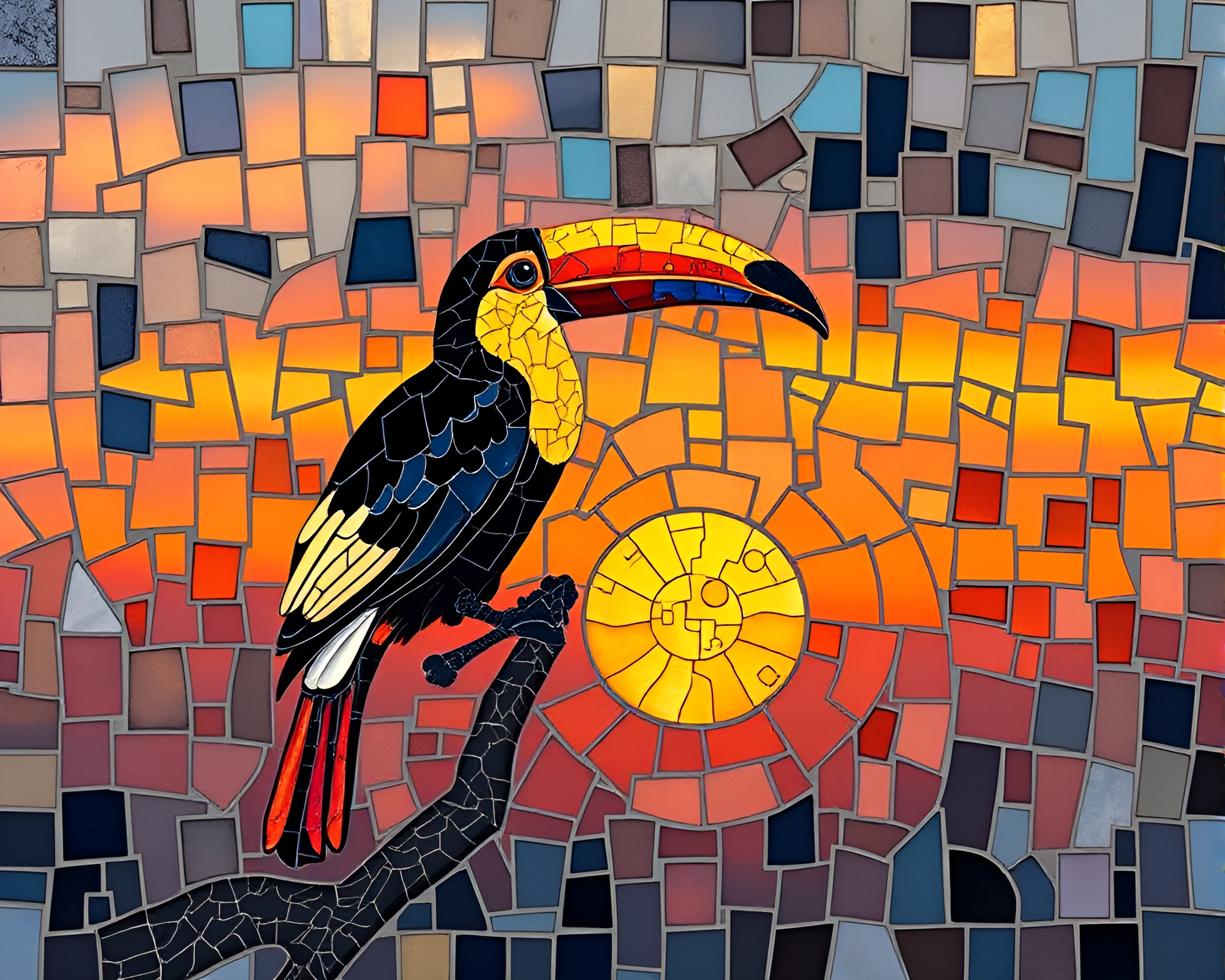 Toucan Sunset Fragmented Calligraphy Mosaic – free AI stock image