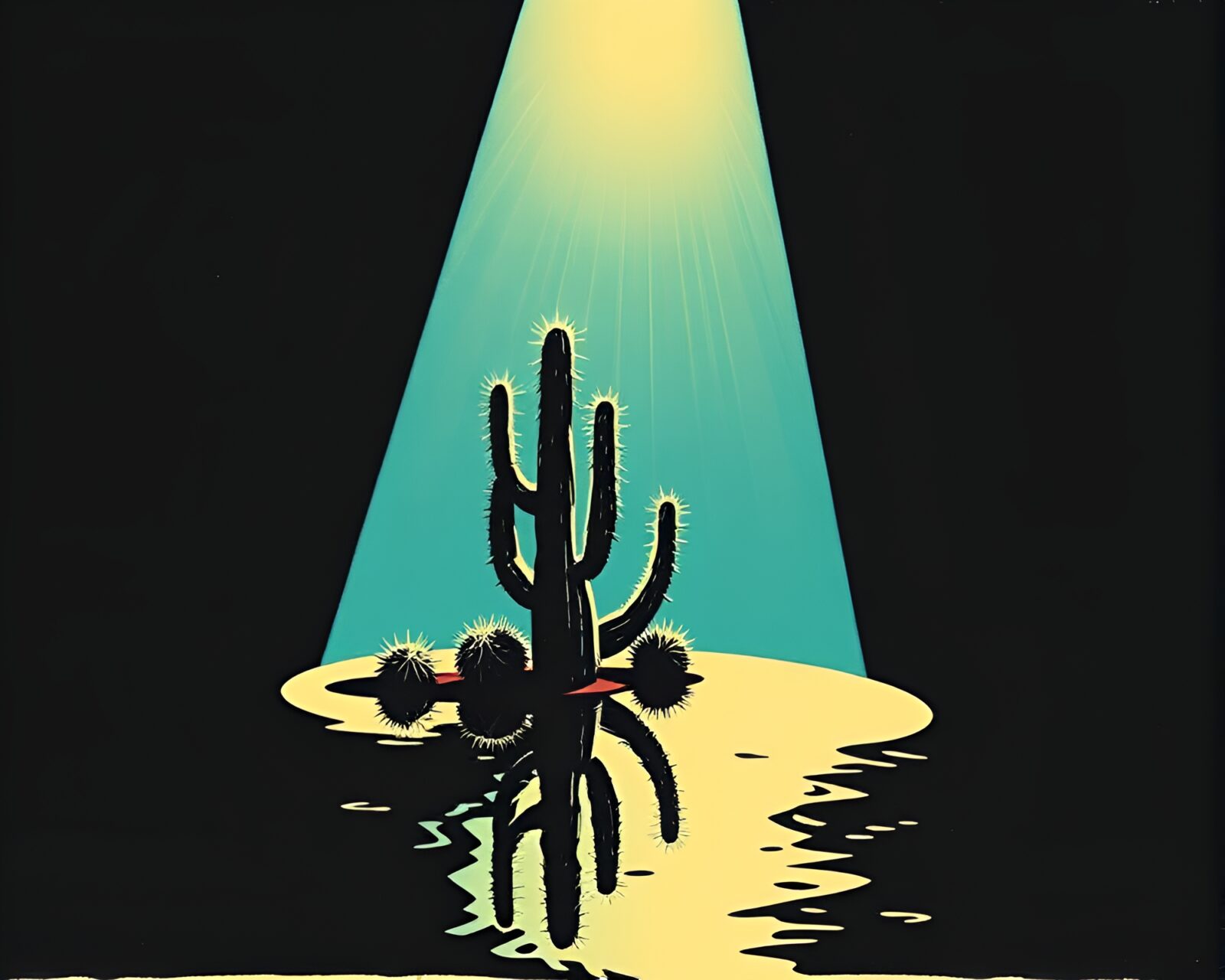 Woodcut print of neon cactus reflected in spotlight