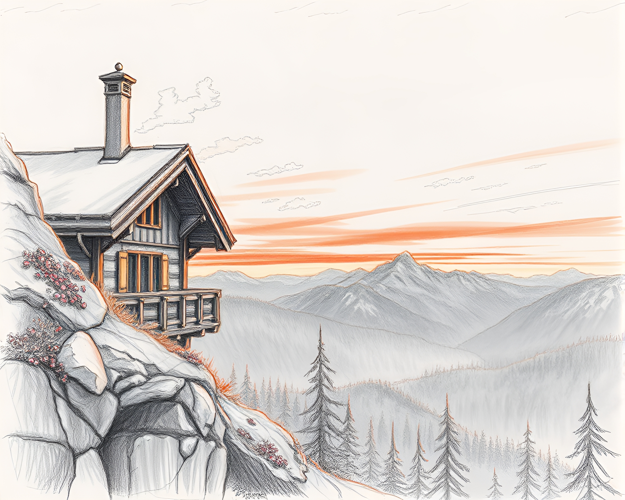 Alpine Chalet Sunset Lichen Sketch – free AI stock image