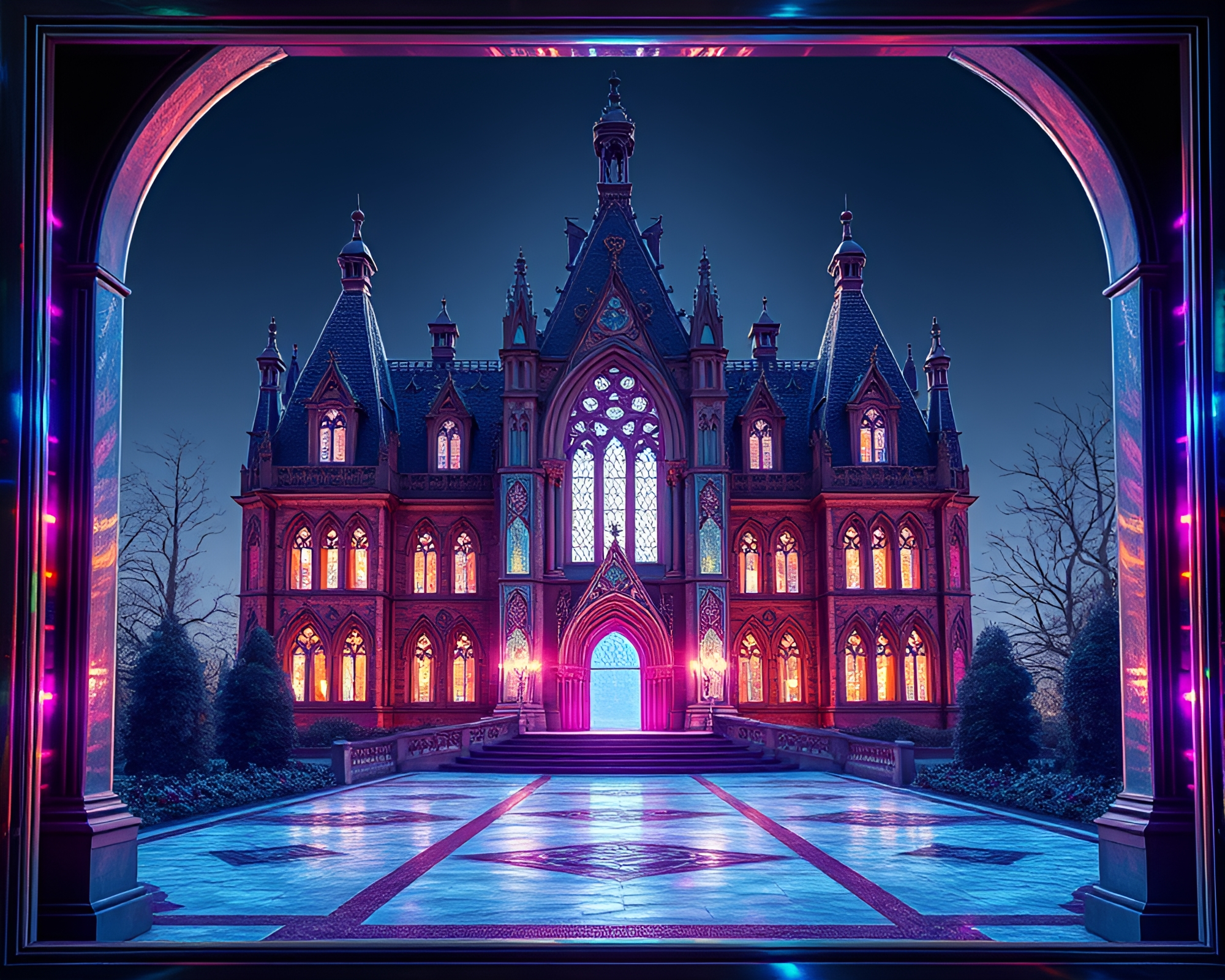 Neo-Gothic Mansion with Iridescent Frame Inception – free AI stock image