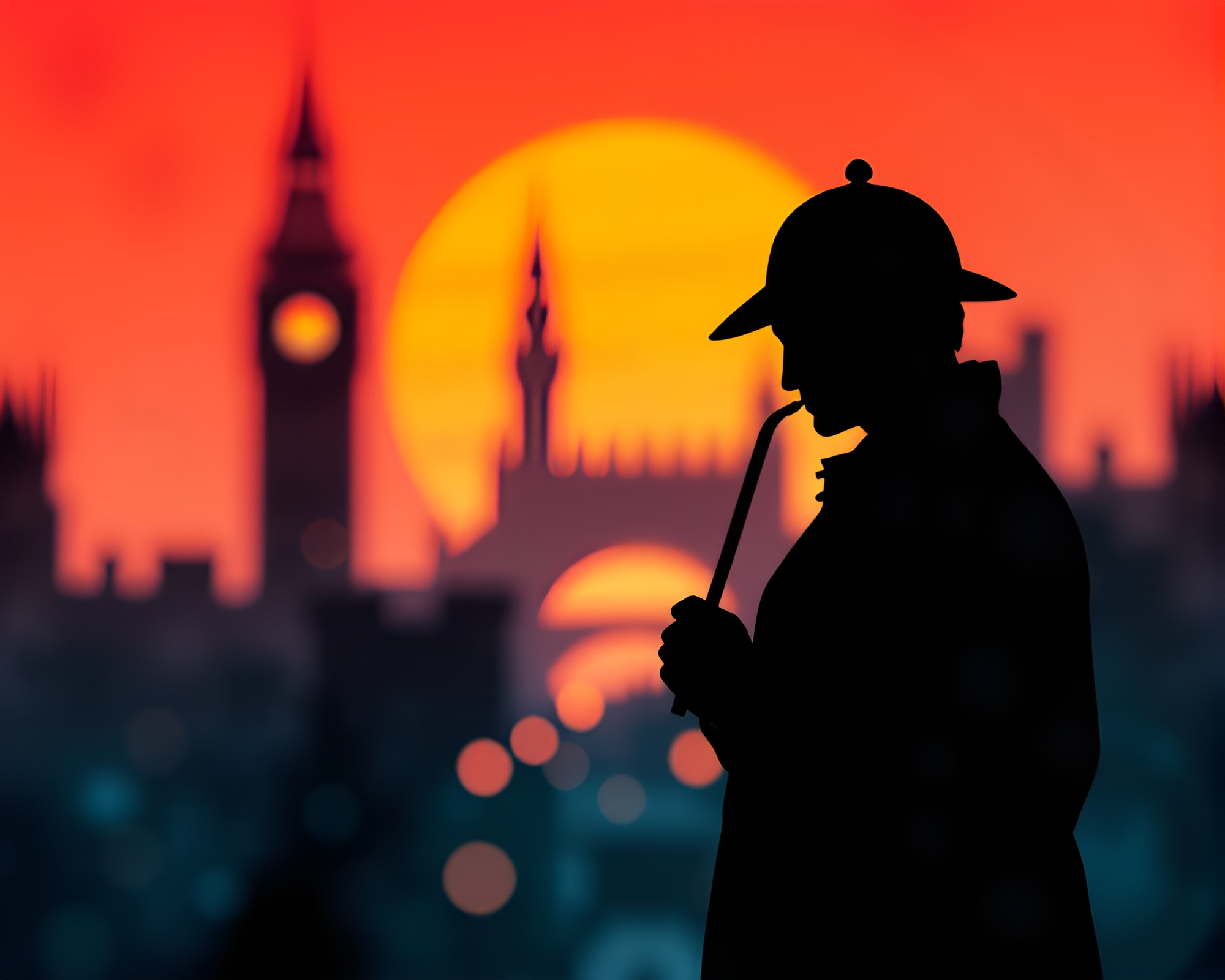 Futuristic Sherlock Holmes Silhouette at Sunset Bokeh – free AI stock image