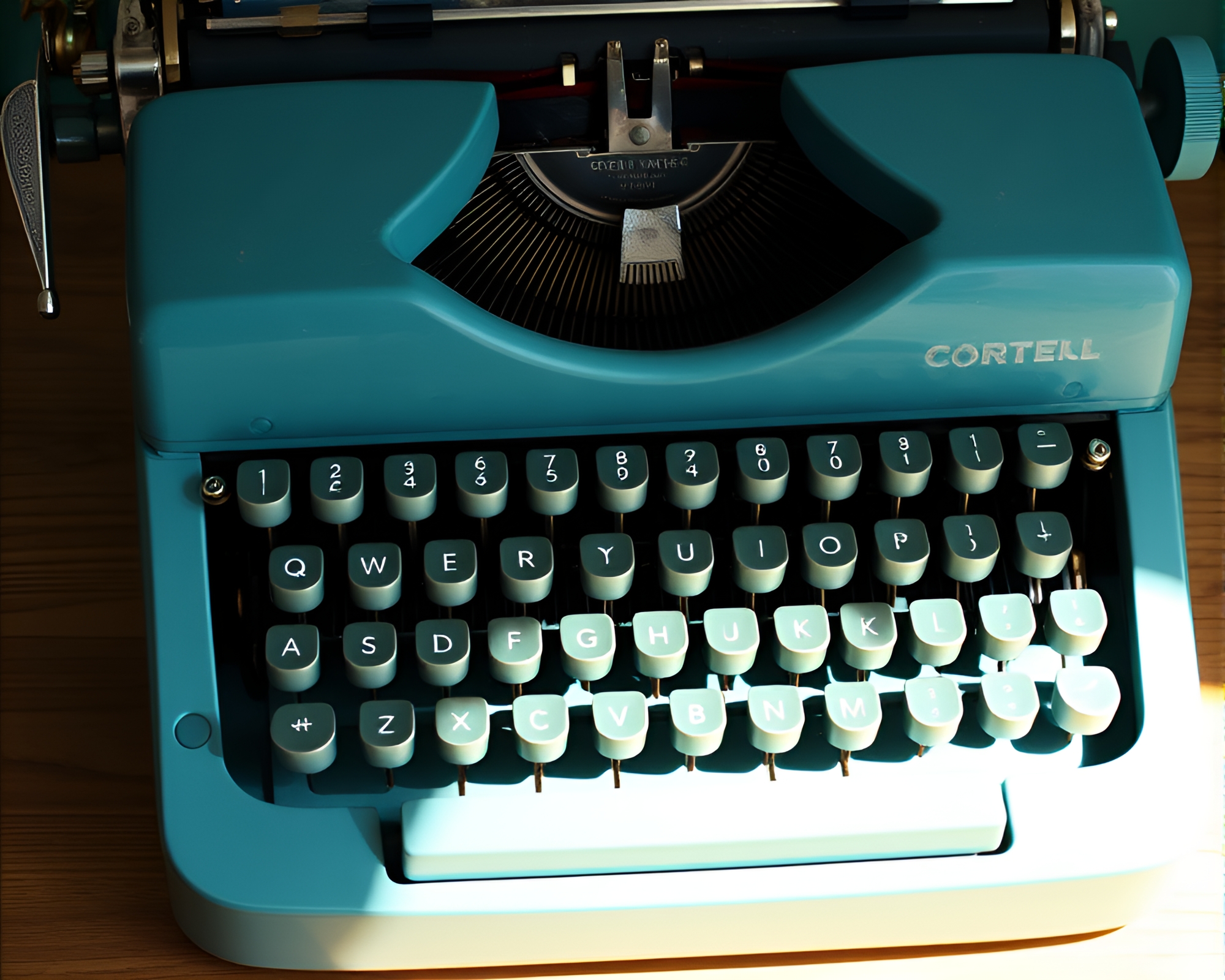 Vintage typewriter keyboard with teal rainbow refractions – free AI stock image