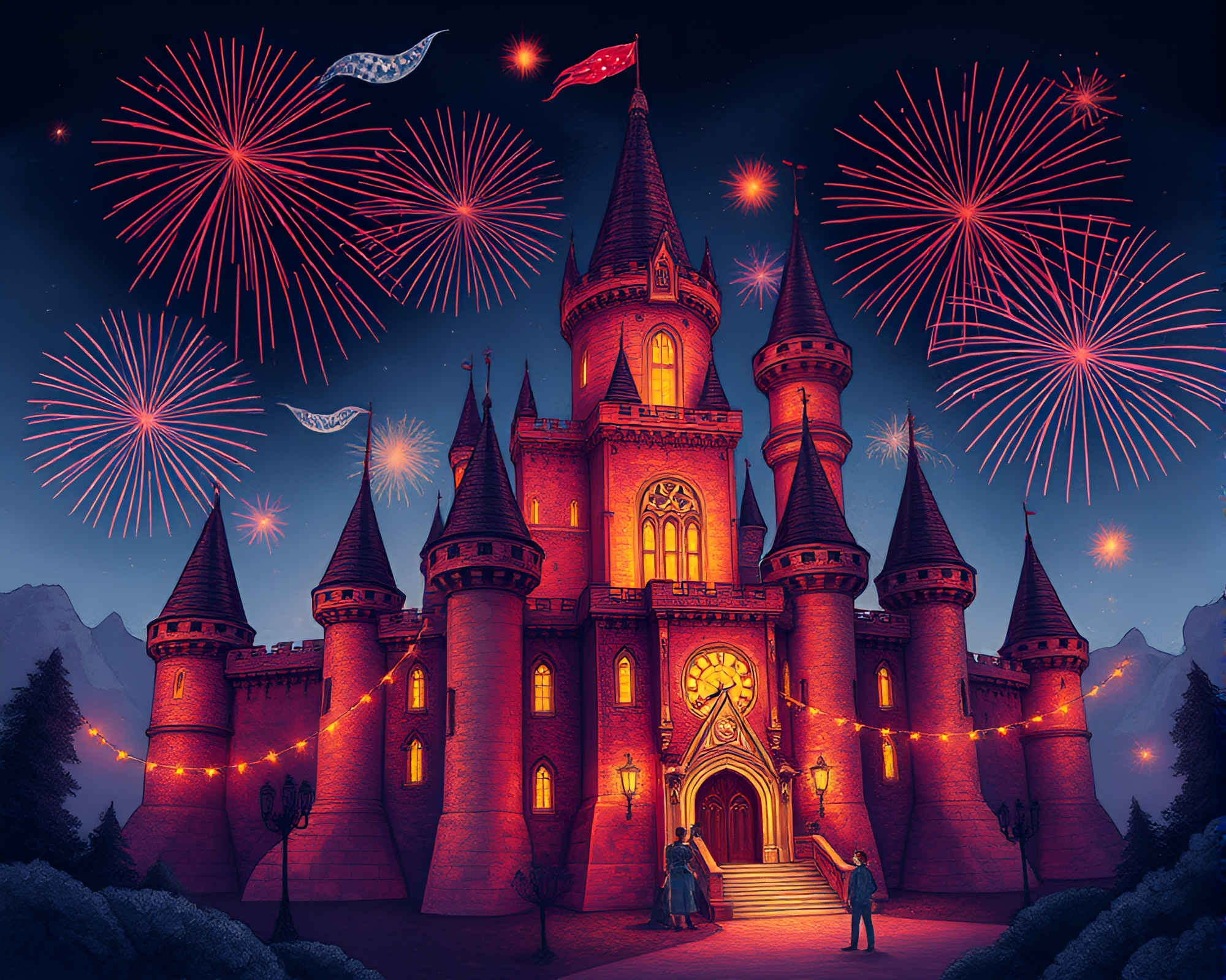Steampunk Castle Fireworks Festival – free AI stock image