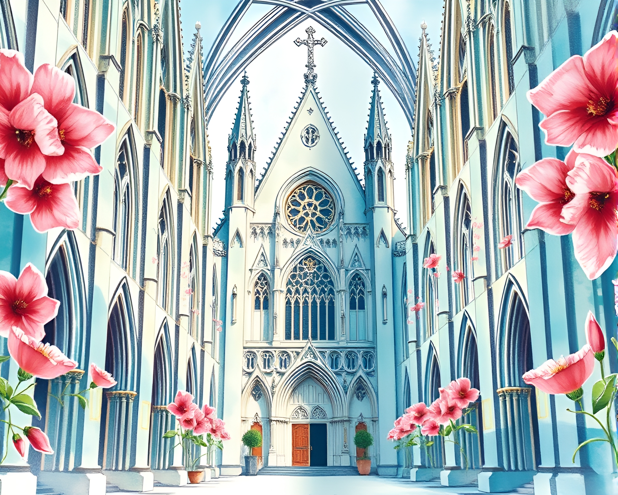 Turquoise Calm Gothic Cathedral in Pop Art Watercolors – free AI stock image