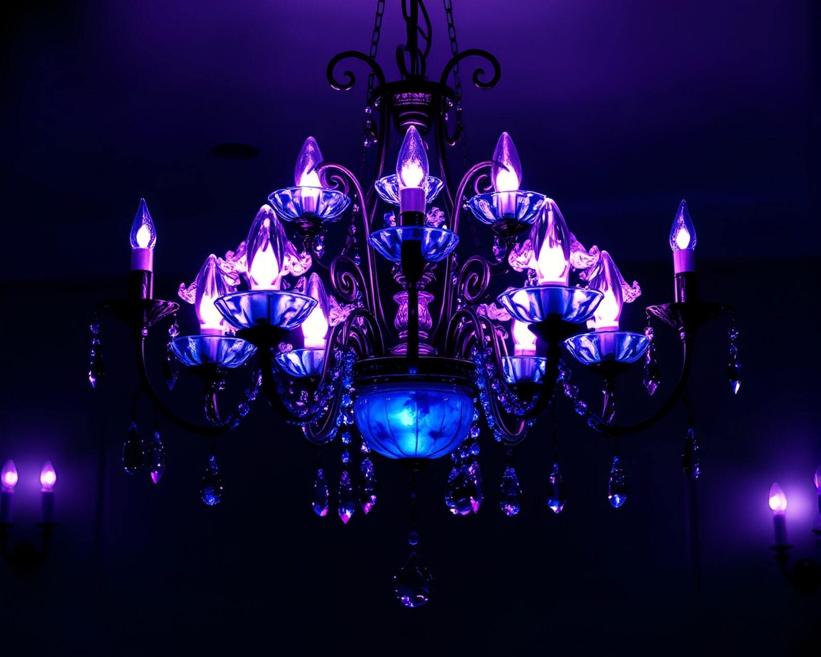 Ethereal indigo-lit scene with dazzling chandelier in ink