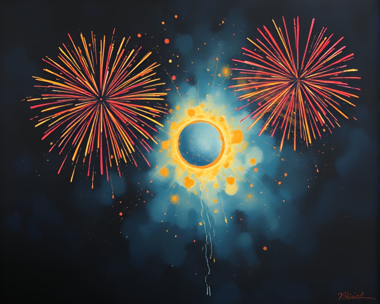 Vibrant fireworks forming a ring in eclipse shadow style