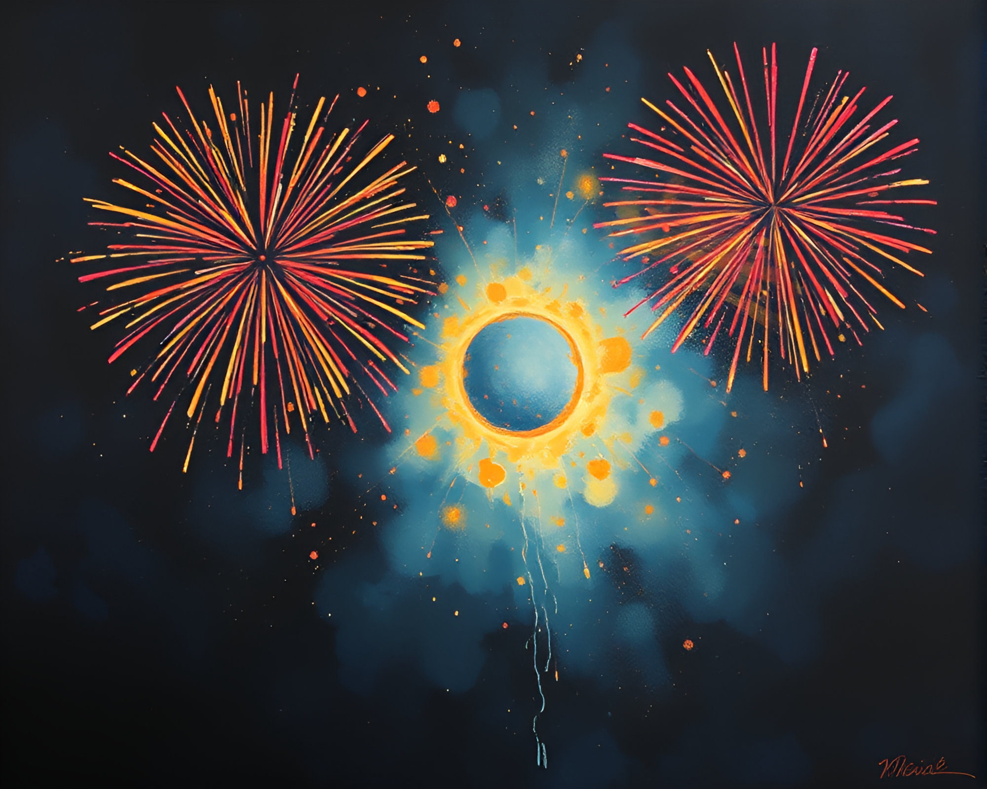 Fireworks Ring Eclipse: Impressionist Shadow Painting – free AI stock image