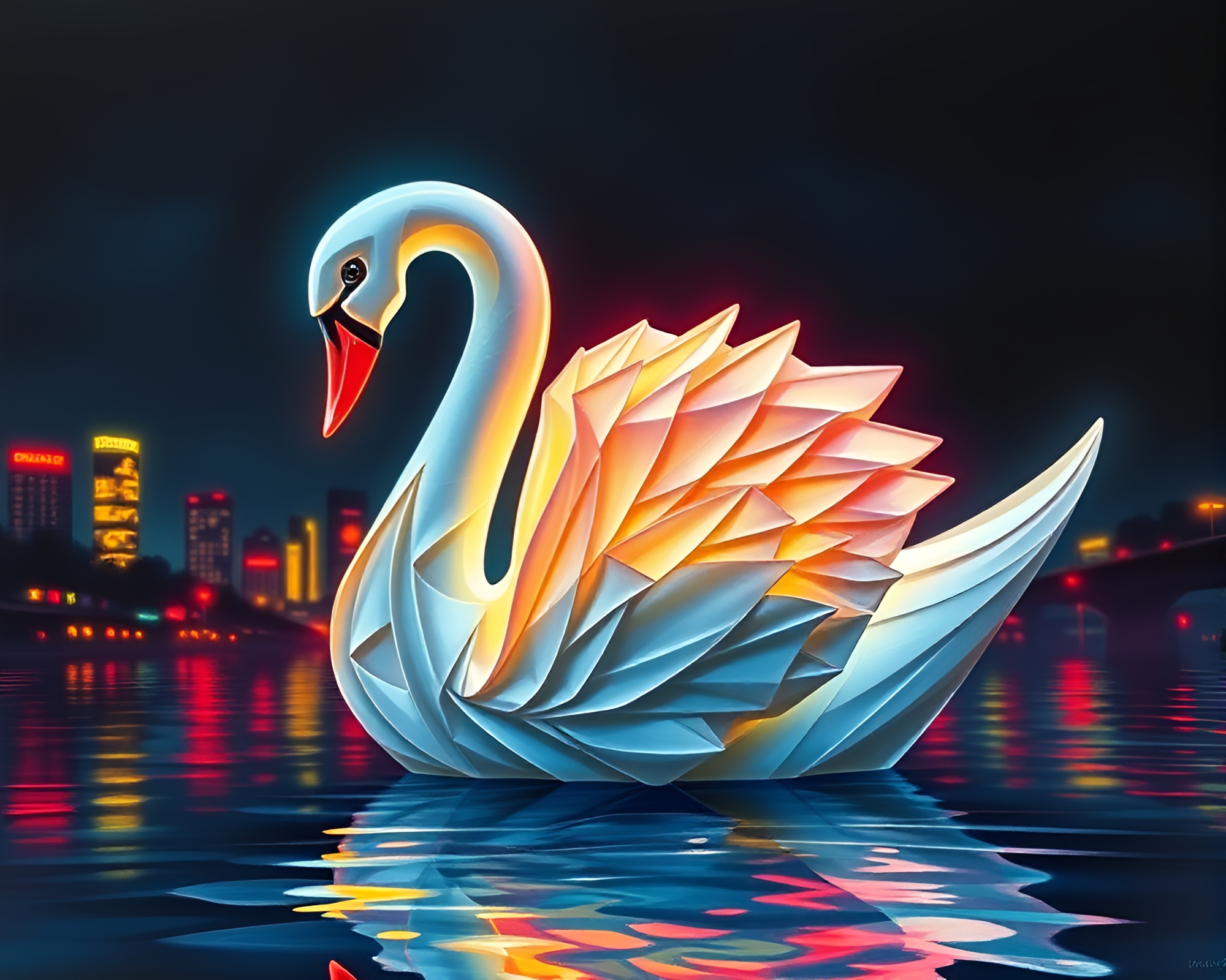 Origami swan neon cityscape with oil impasto textures – free AI stock image